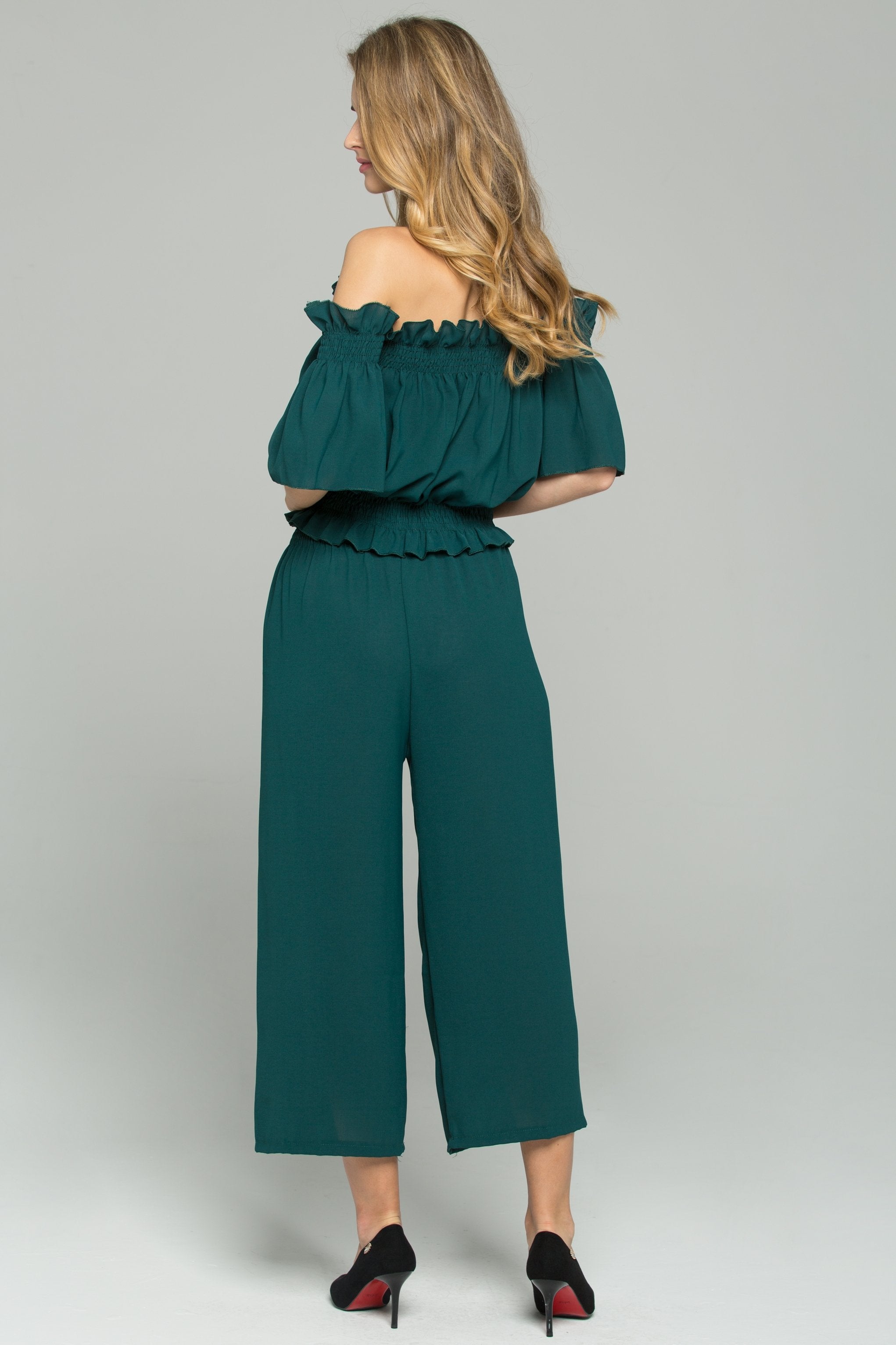 Olive Green Chiffon Off-The-Shoulder Ruched Pleat Co-ord