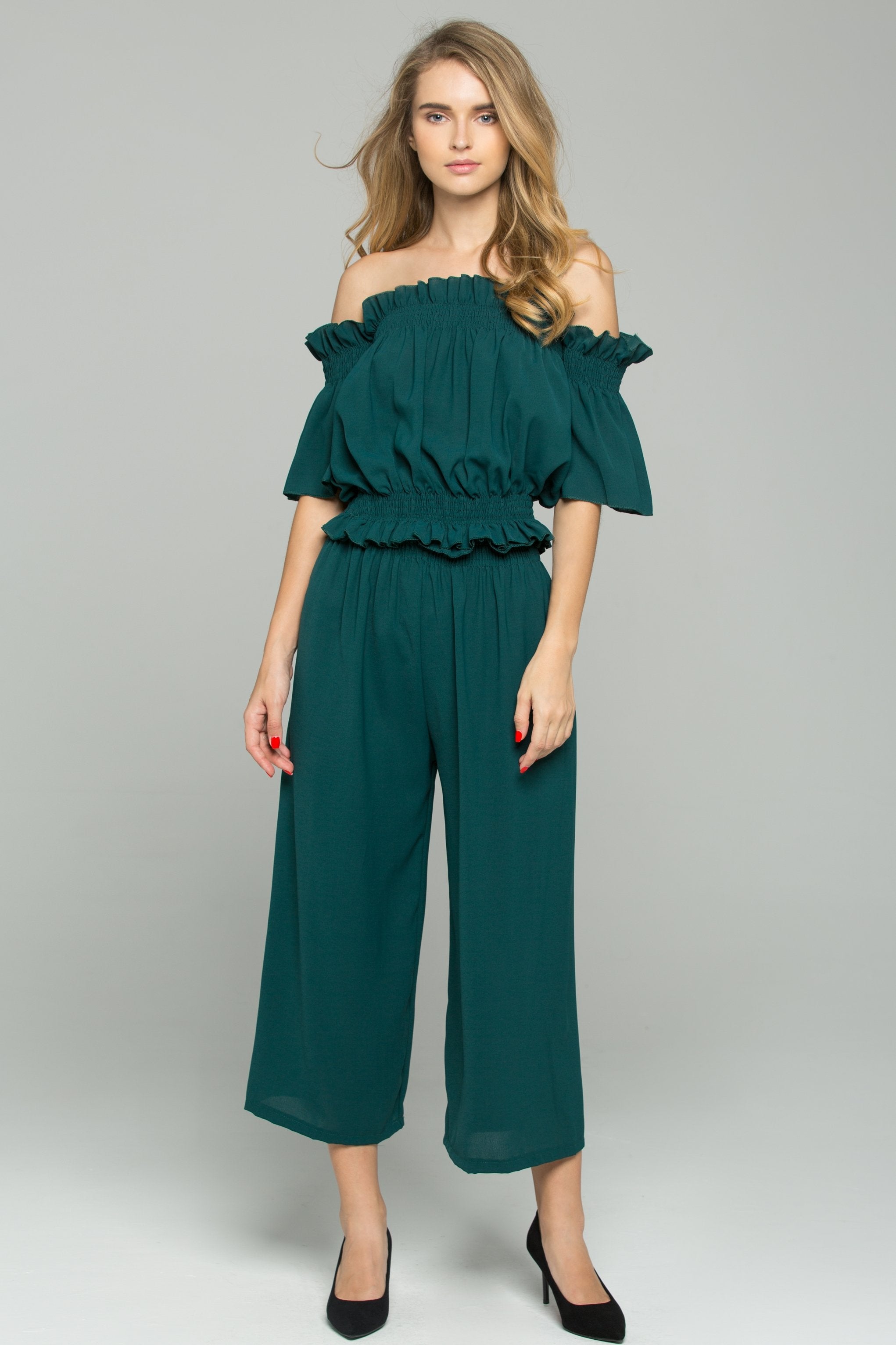 Olive Green Chiffon Off-The-Shoulder Ruched Pleat Co-ord