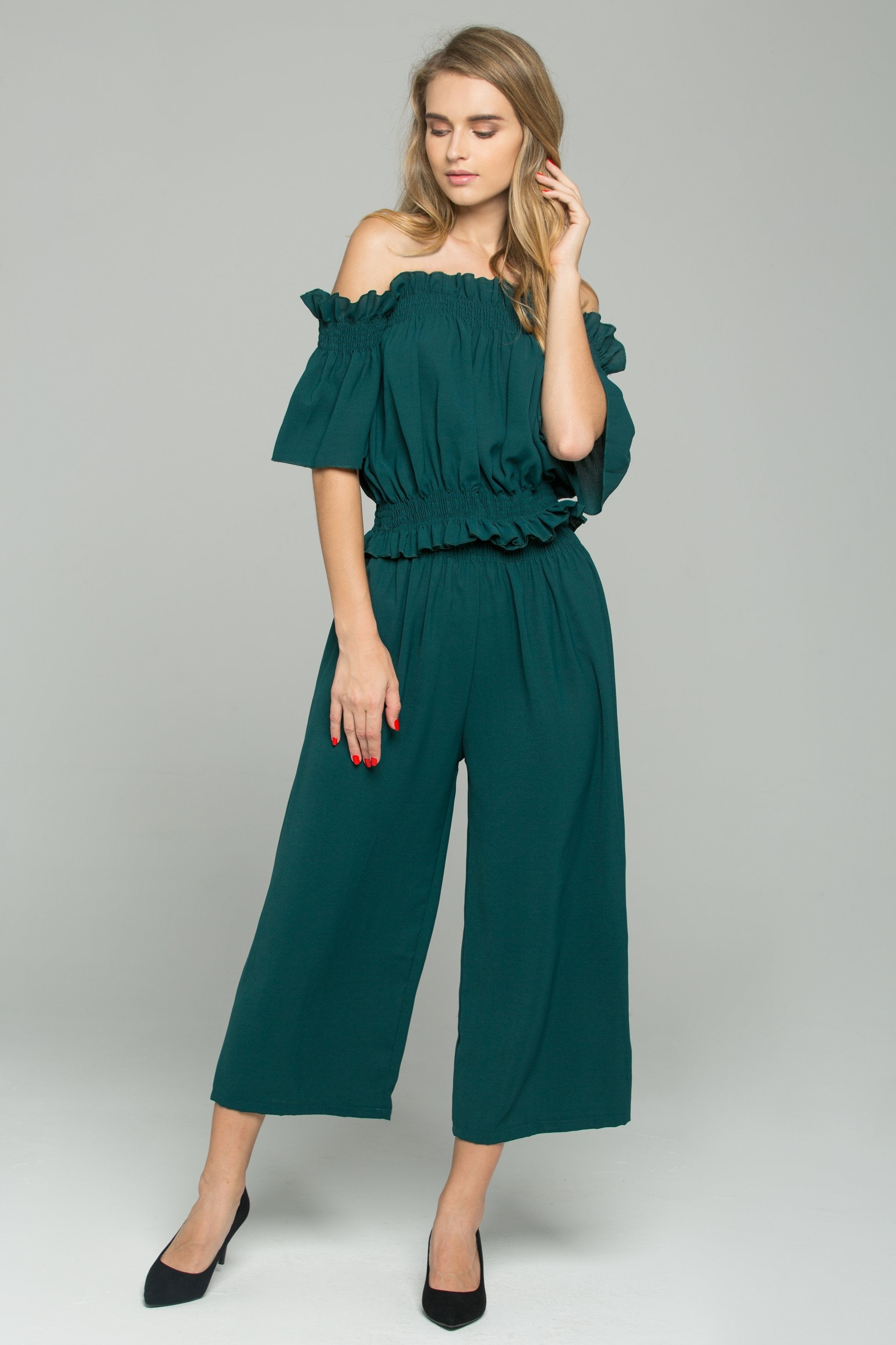 Olive Green Chiffon Off-The-Shoulder Ruched Pleat Co-ord