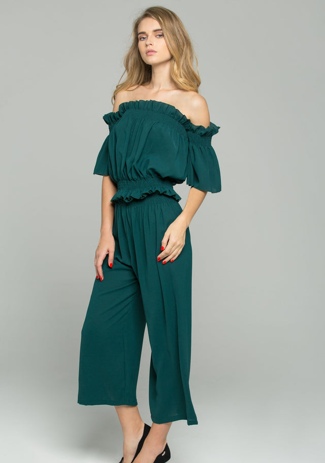 Olive Green Chiffon Off-The-Shoulder Ruched Pleat Co-ord