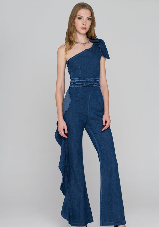 Rania Fawaz - One Shoulder Ruffled Leg Denim Jumpsuit
