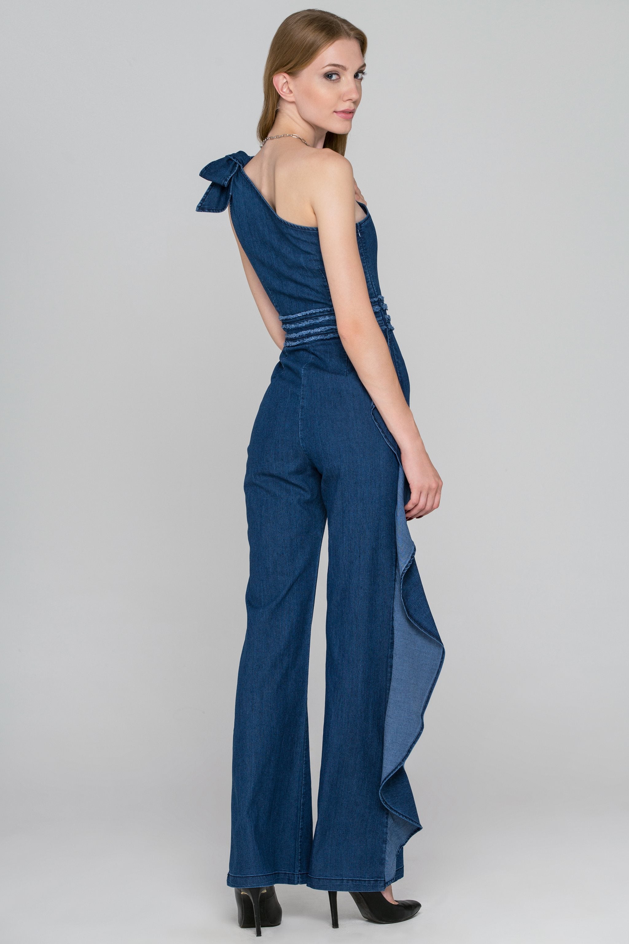 Rania Fawaz - One Shoulder Ruffled Leg Denim Jumpsuit