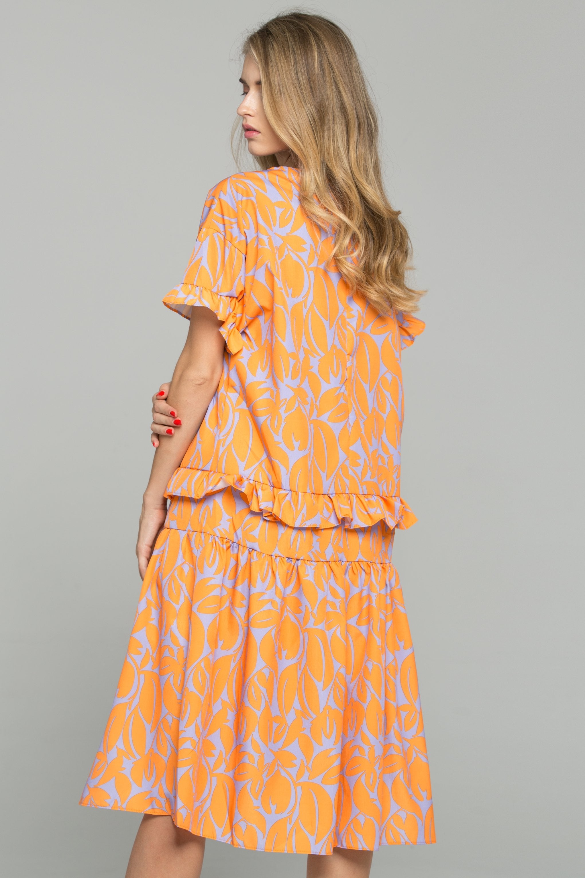 Orange Cotton Leaf Print Ruffled Mini Dress