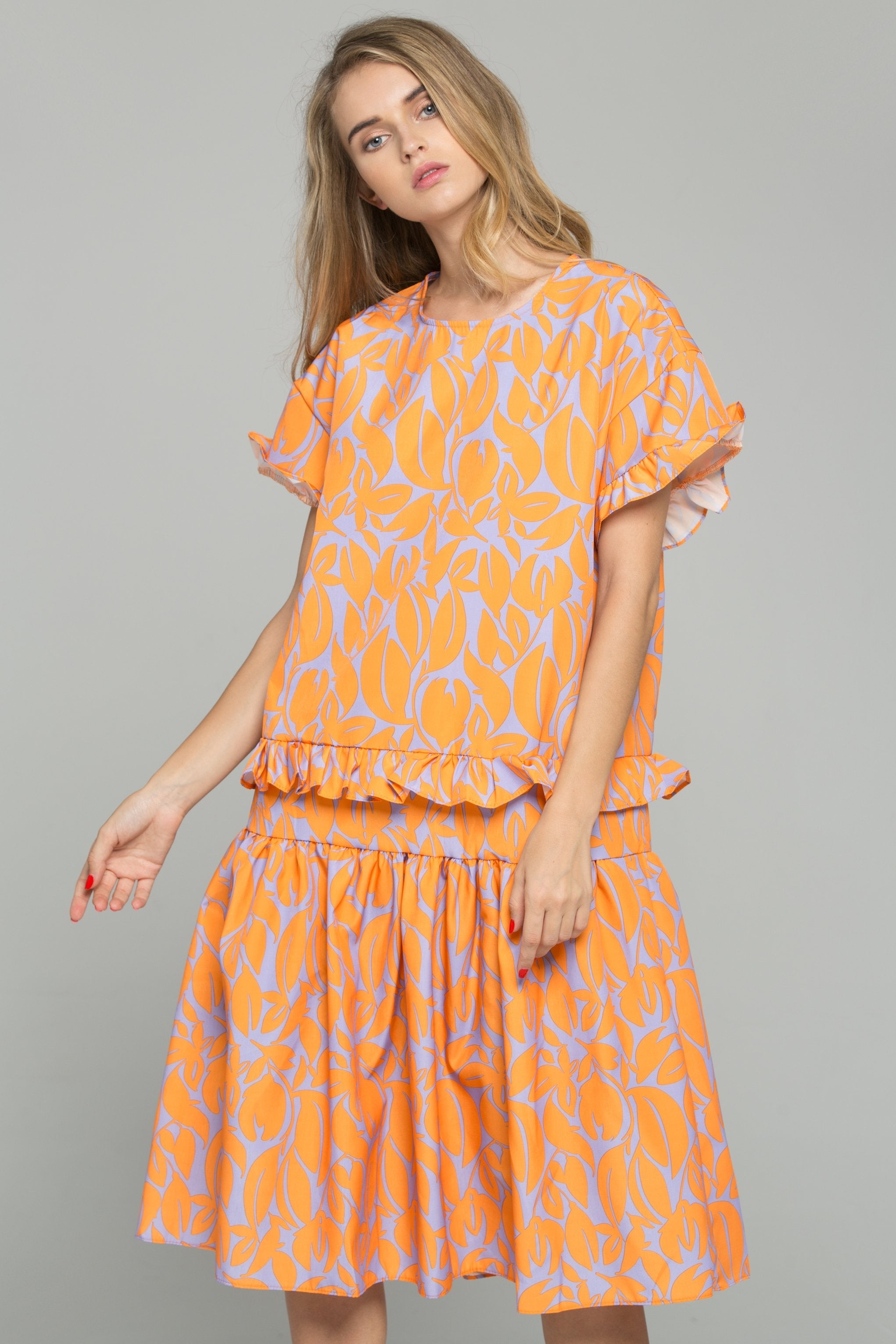 Orange Cotton Leaf Print Ruffled Mini Dress