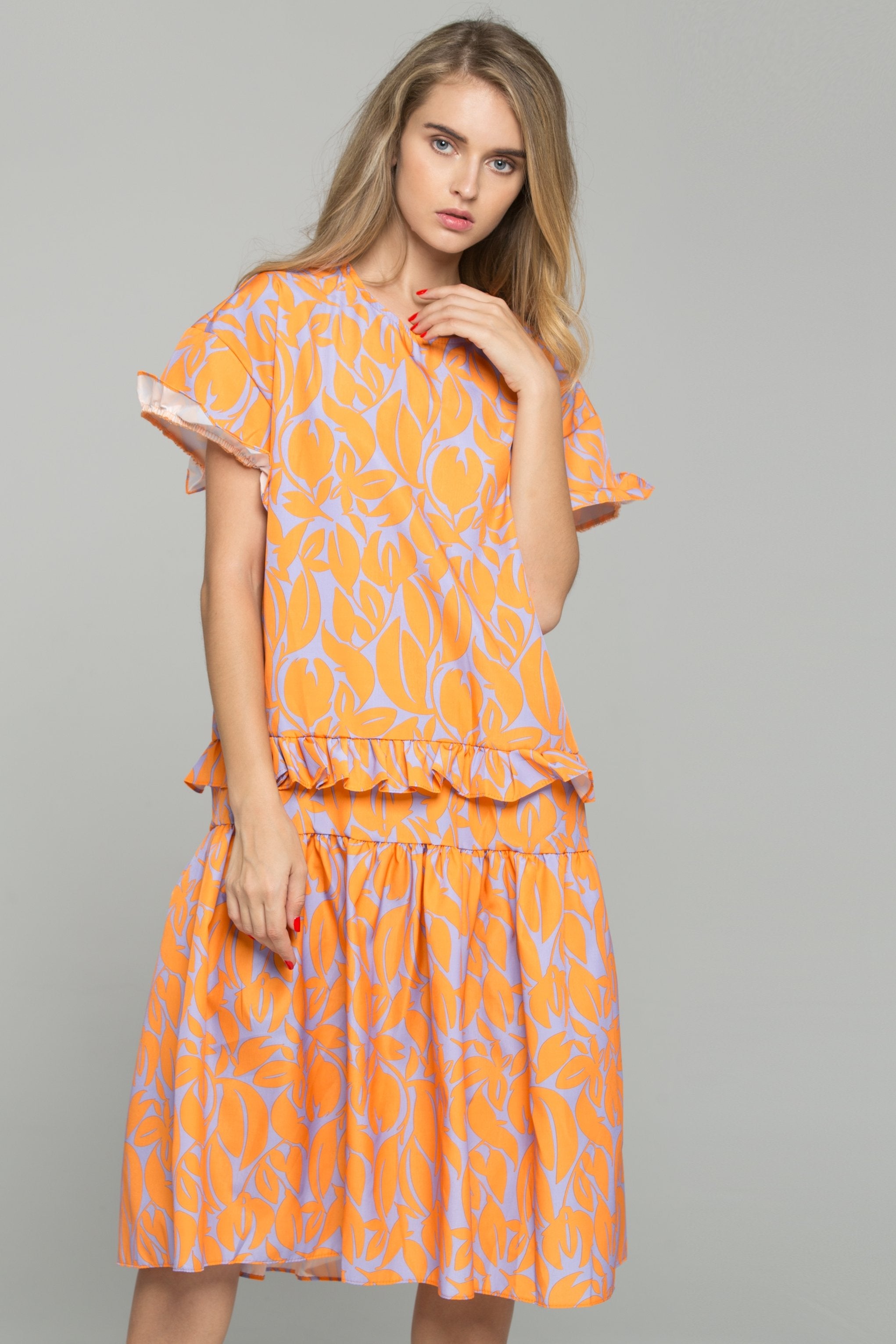 Orange Cotton Leaf Print Ruffled Mini Dress