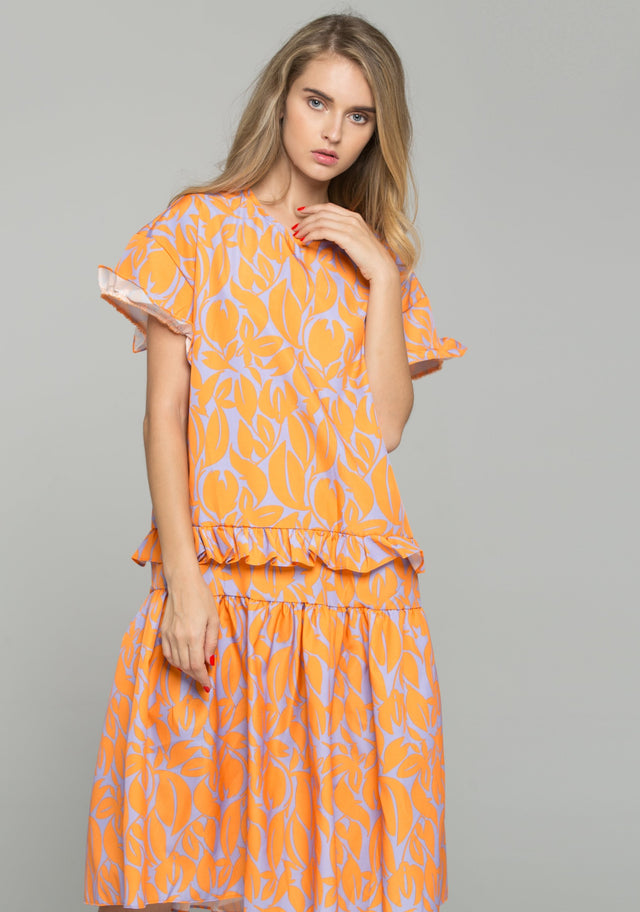 Orange Cotton Leaf Print Ruffled Mini Dress