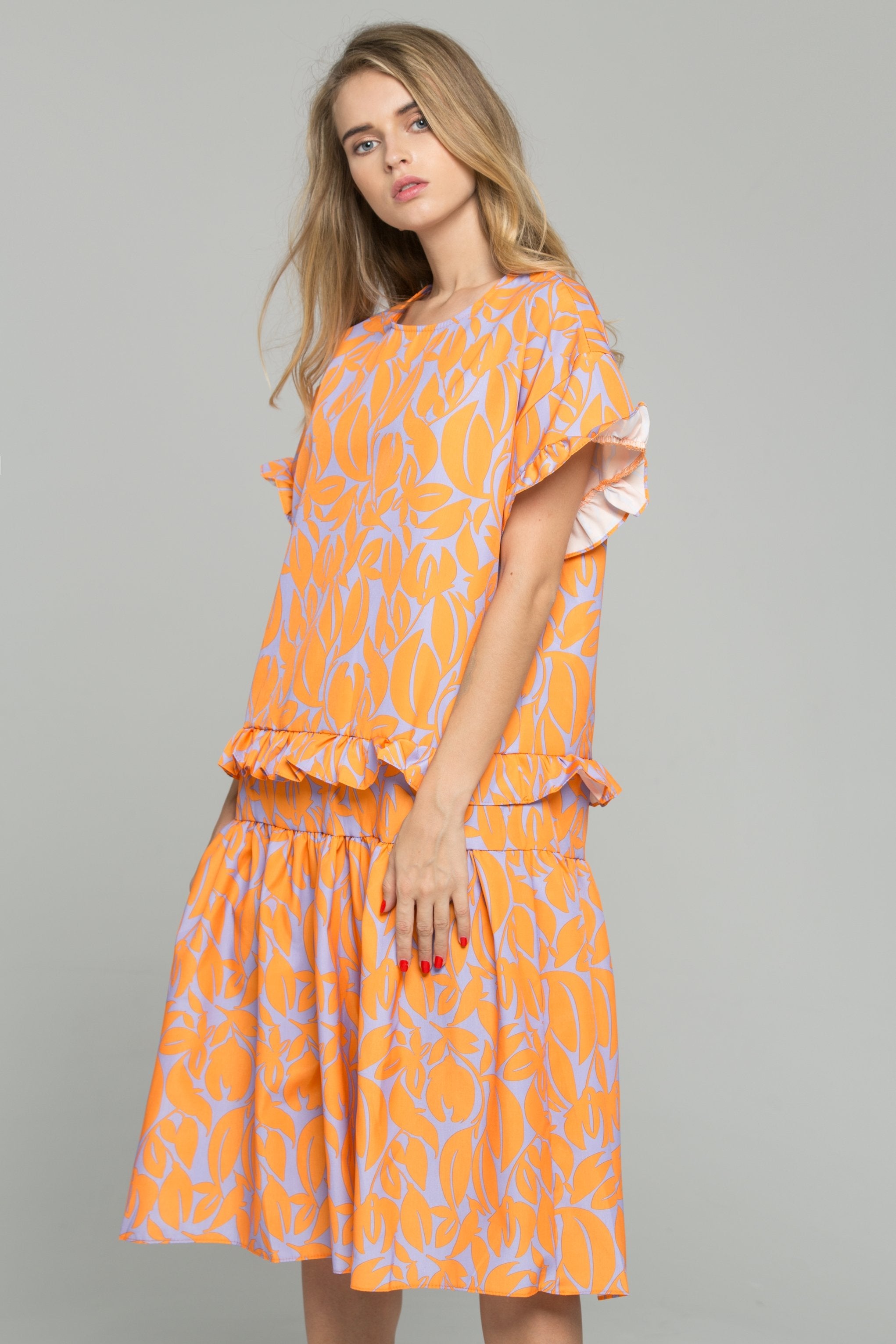 Orange Cotton Leaf Print Ruffled Mini Dress