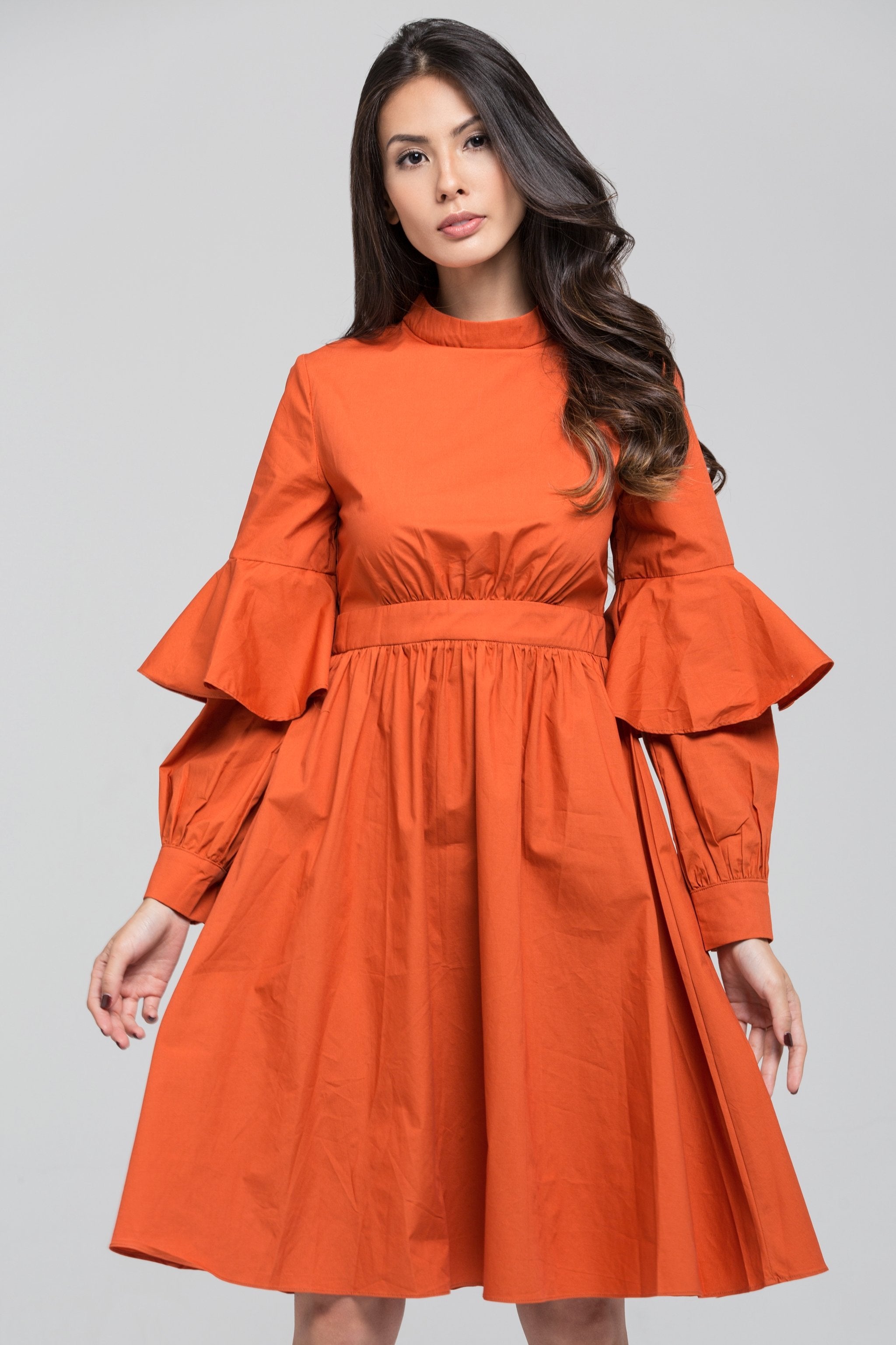 Orange Ruffle Arm Sleeve Midi Dress