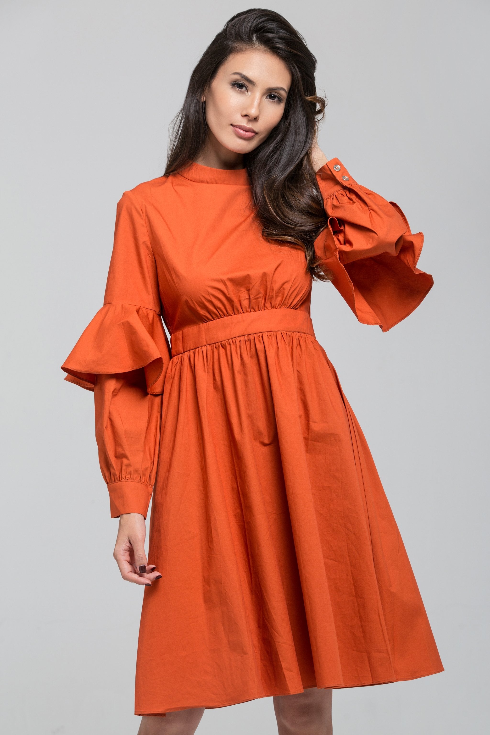 Orange Ruffle Arm Sleeve Midi Dress