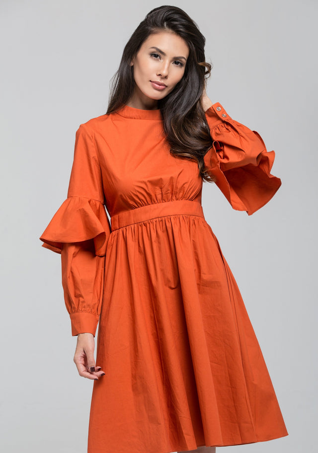 Orange Ruffle Arm Sleeve Midi Dress