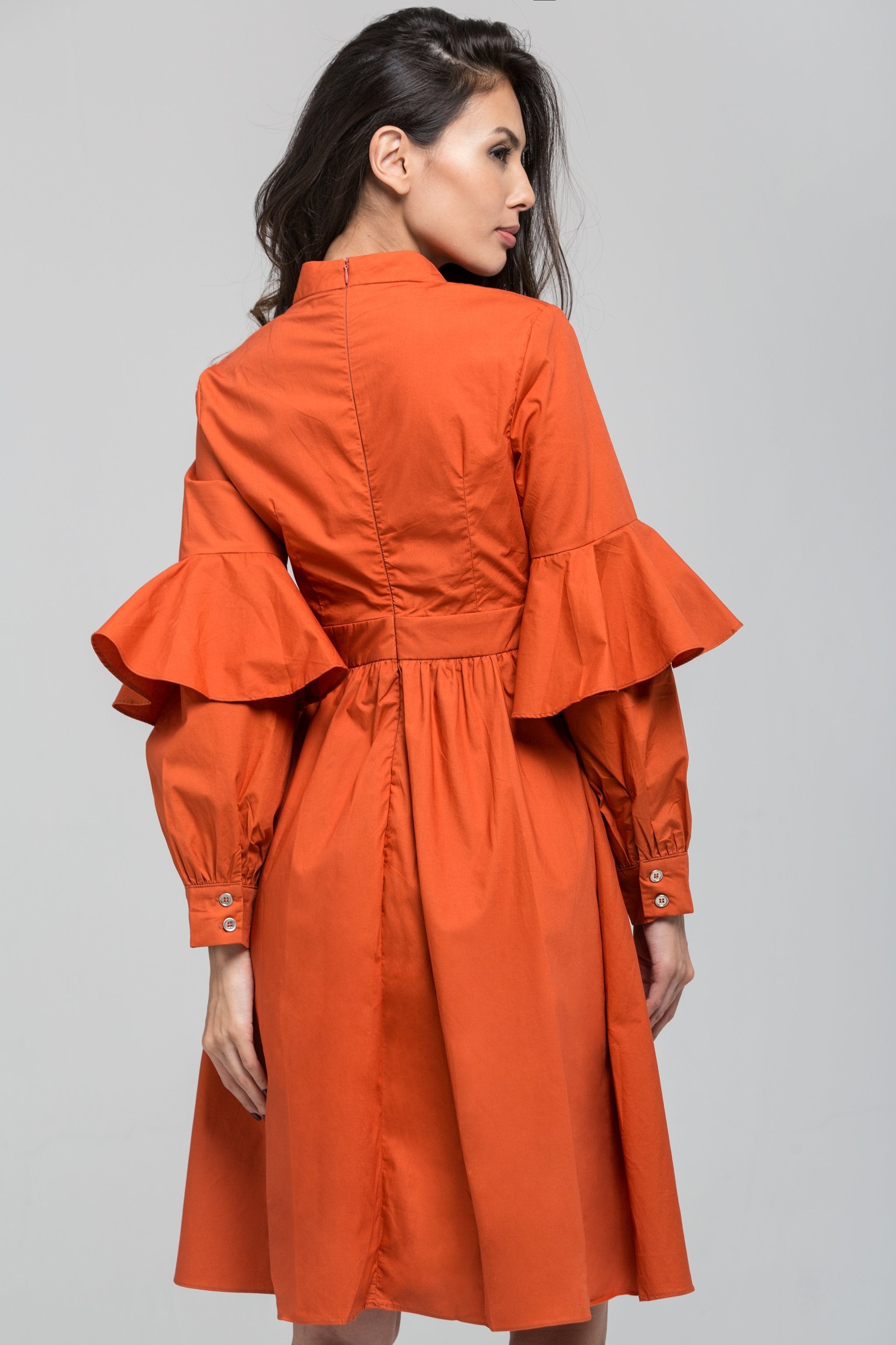 Orange Ruffle Arm Sleeve Midi Dress