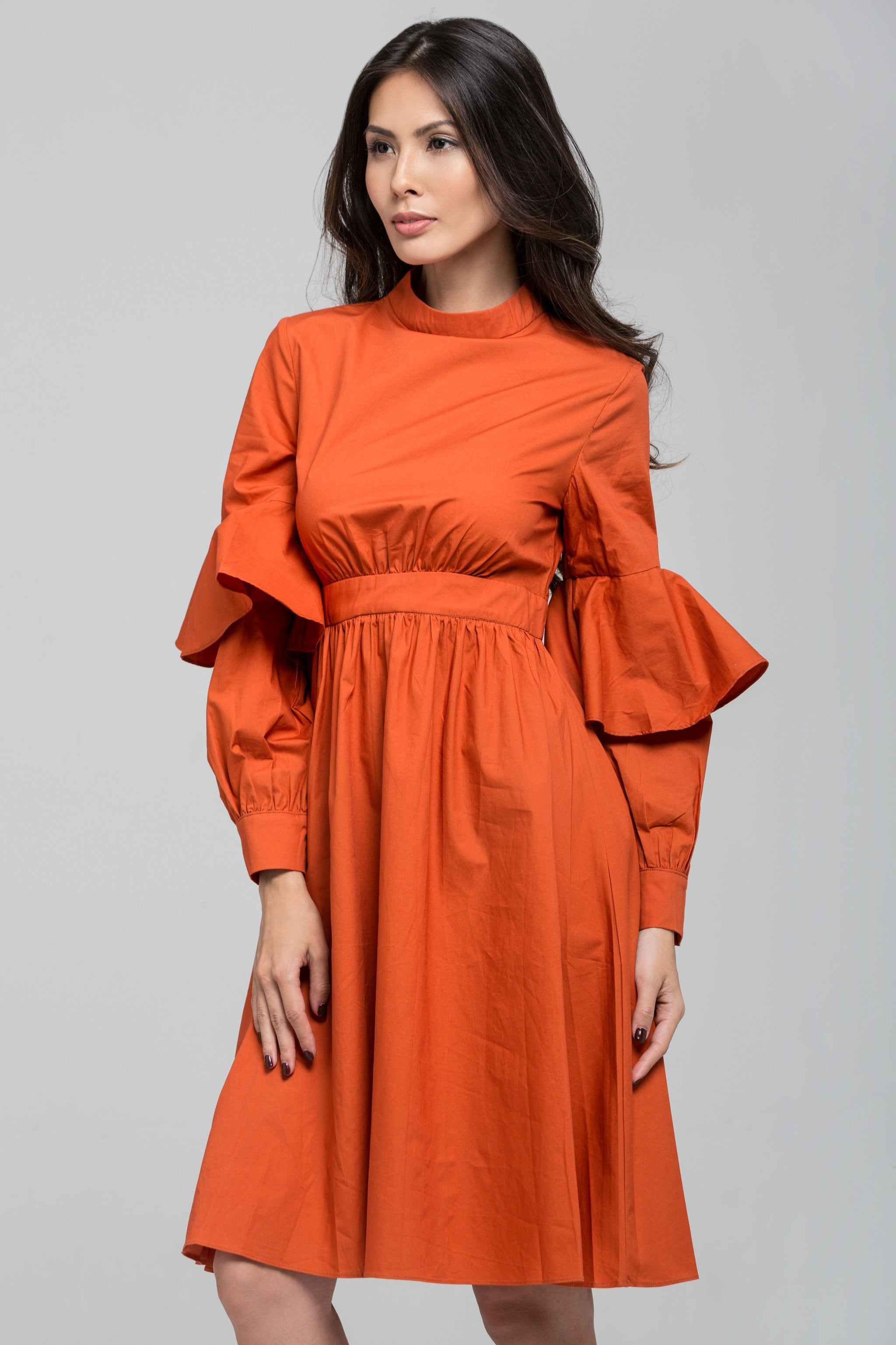 Orange Ruffle Arm Sleeve Midi Dress