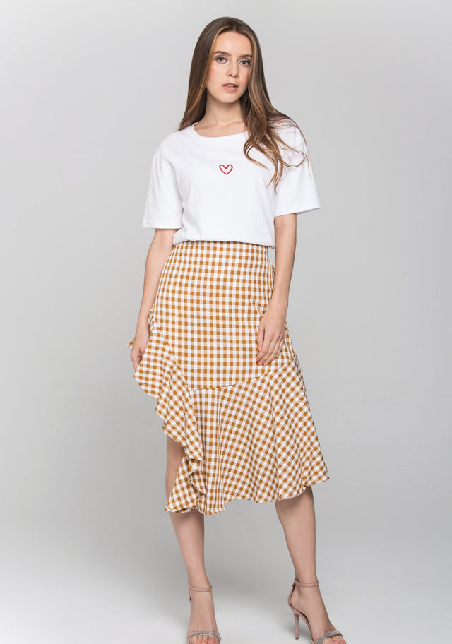 Peach Gingham Ruffle Hem Midi Skirt
