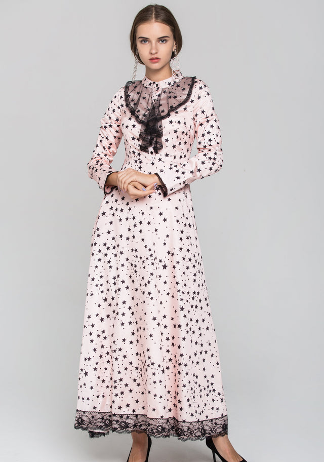 Peach Silk and Black Star Sleeved Midi Dress