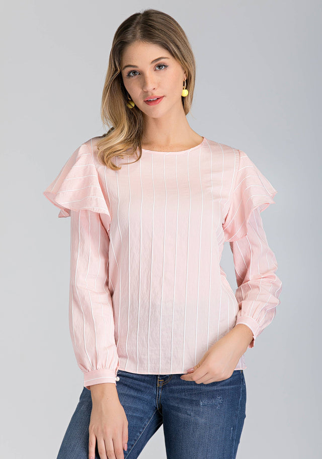 Peach Stripe Ruffle Shoulder Long Sleeve Top