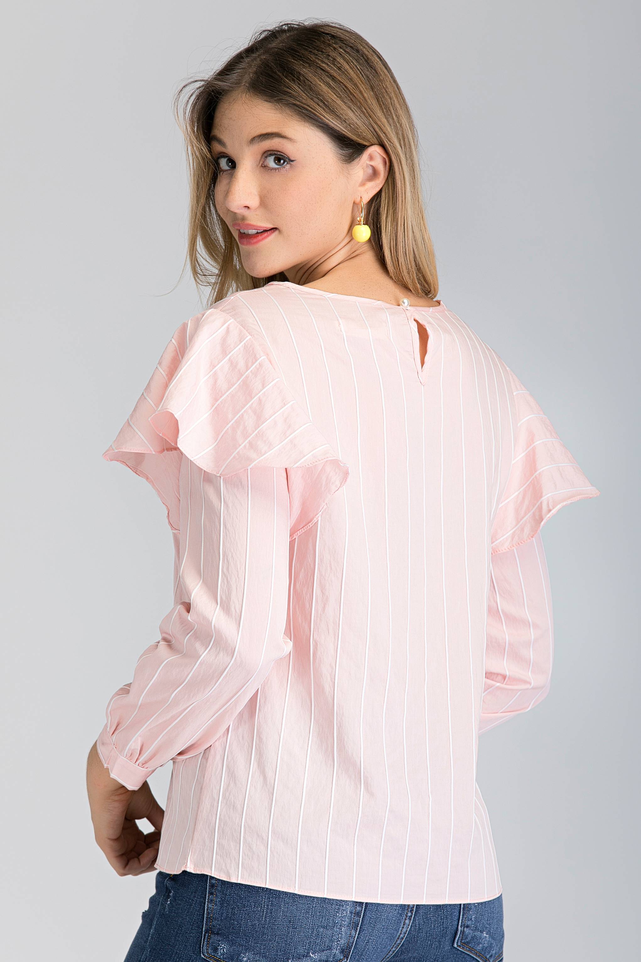 Peach Stripe Ruffle Shoulder Long Sleeve Top