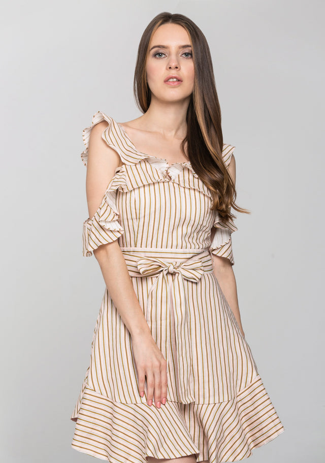 Peach and Brown Stripe Halter Ruffle Midi Dress