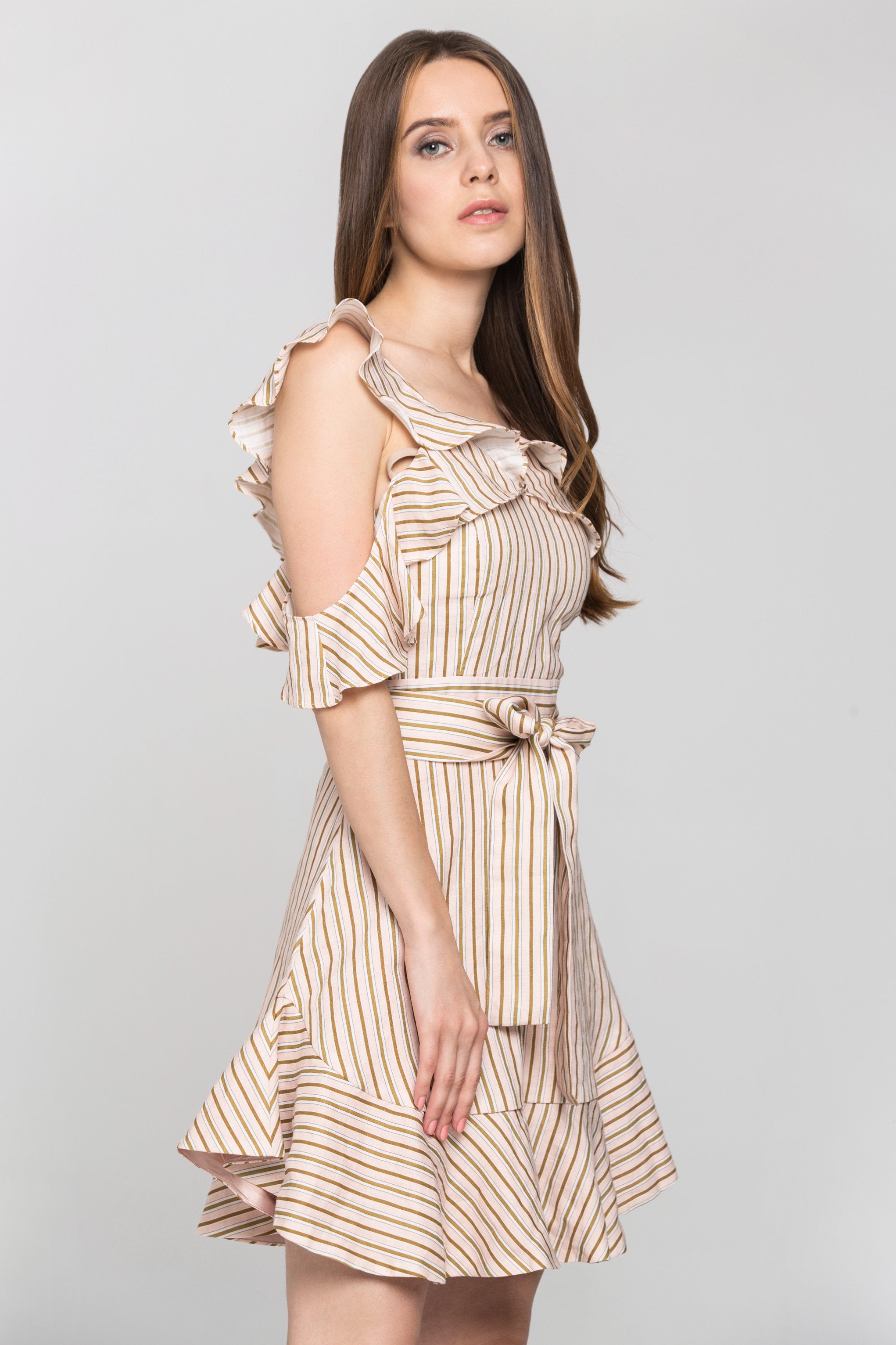 Peach and Brown Stripe Halter Ruffle Midi Dress
