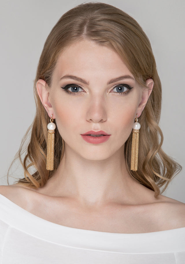 Pearl Crown Chain Tassel Earrings