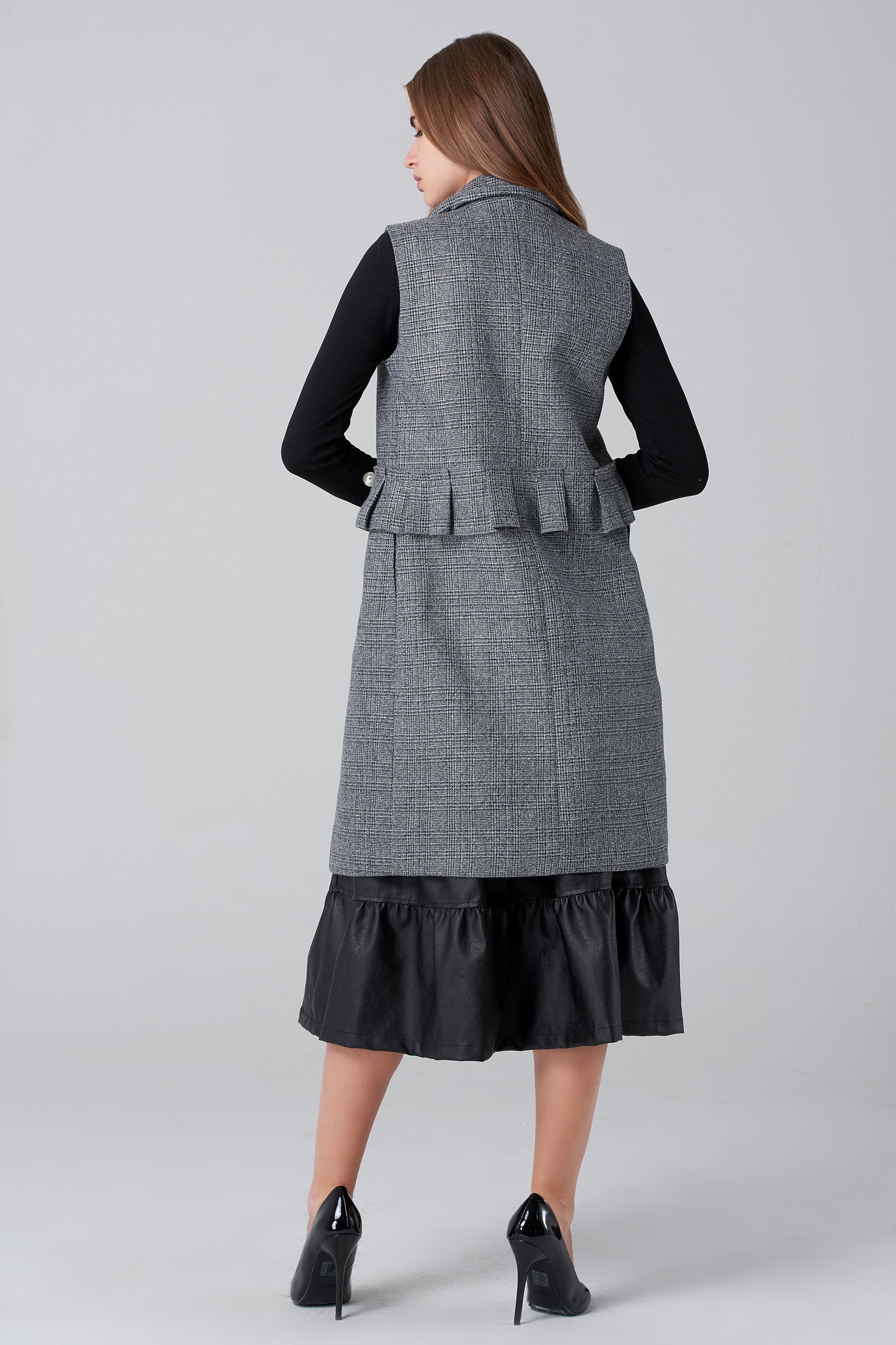 Pearl Detail Check Long Vest