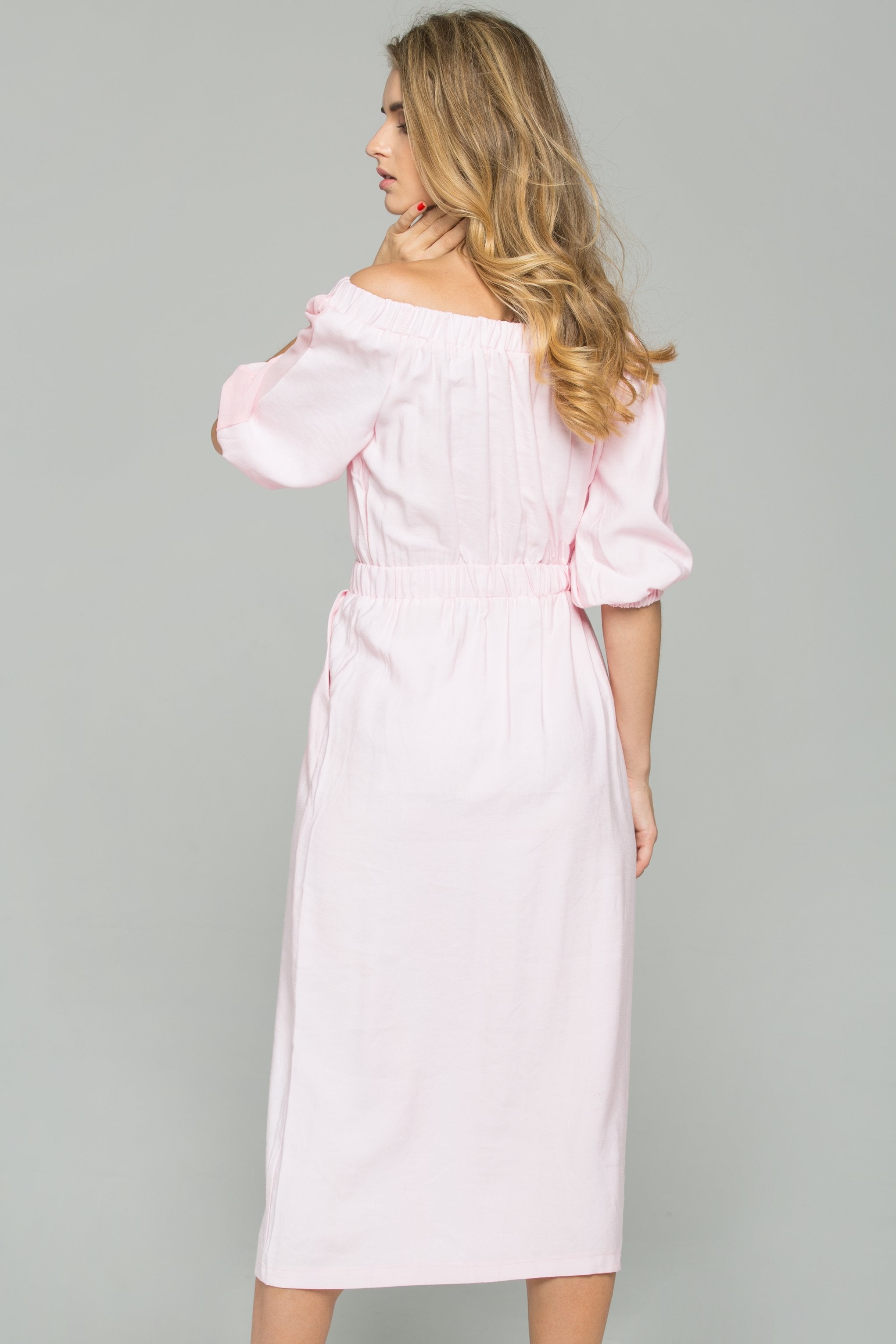 Pink Chiffon Ruched Pleat Off-The-Shoulder Button-Down Long-Sleeved Midi Dress
