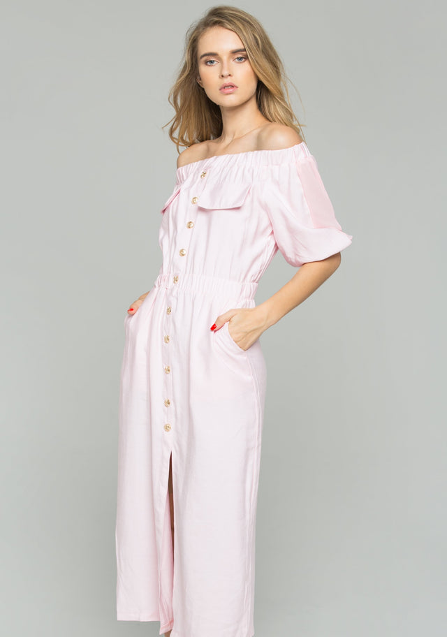 Pink Chiffon Ruched Pleat Off-The-Shoulder Button-Down Long-Sleeved Midi Dress
