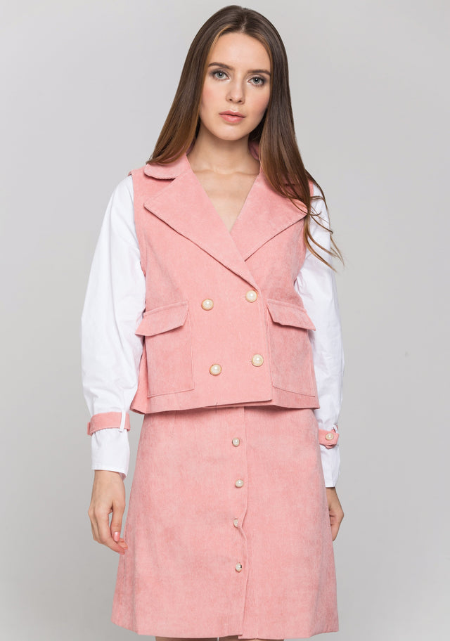 Pink Chord and White Sleeves Blazer and Skirt Set
