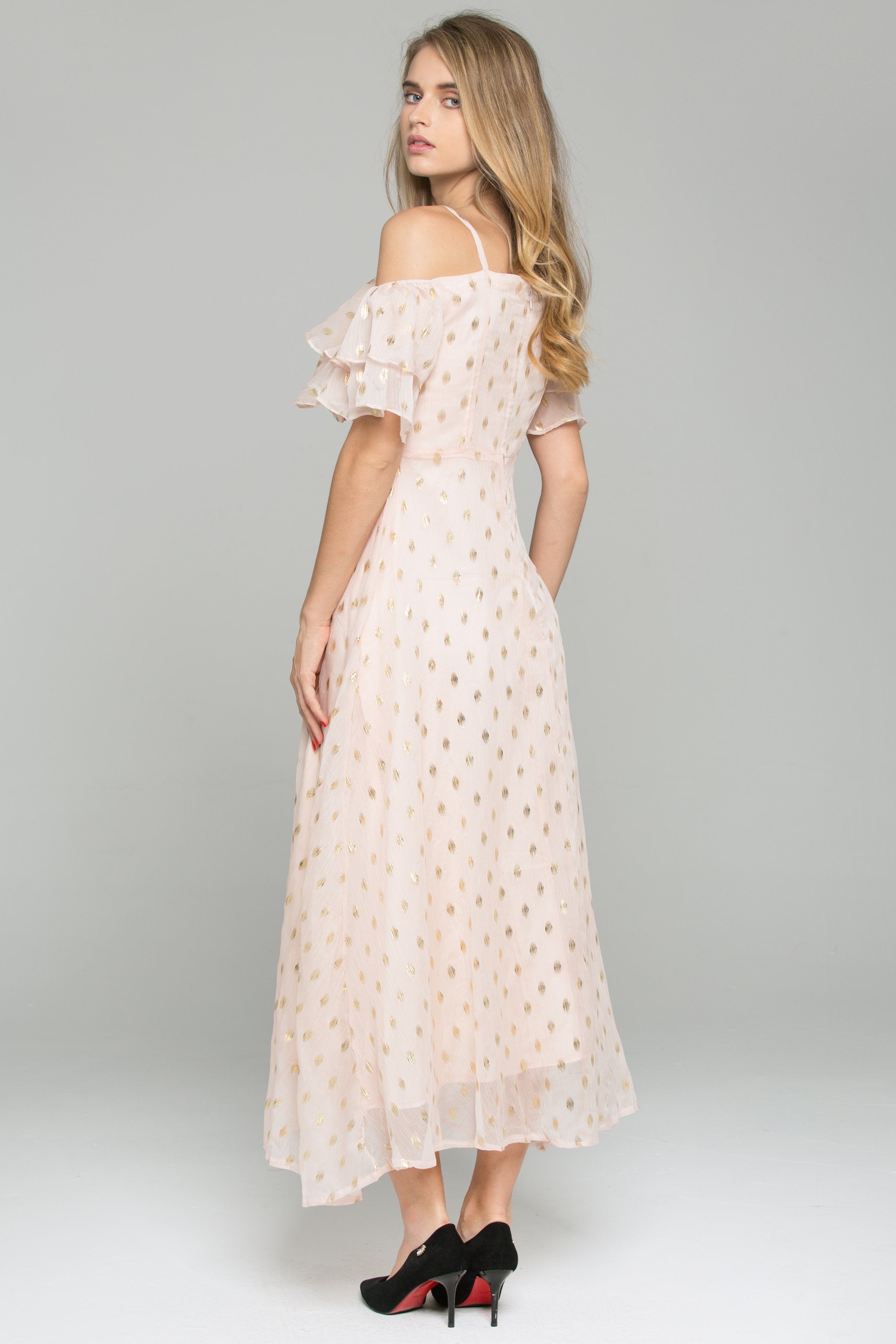 Pink Cold Shoulder Polka Dot Print Ruffled Maxi Dress