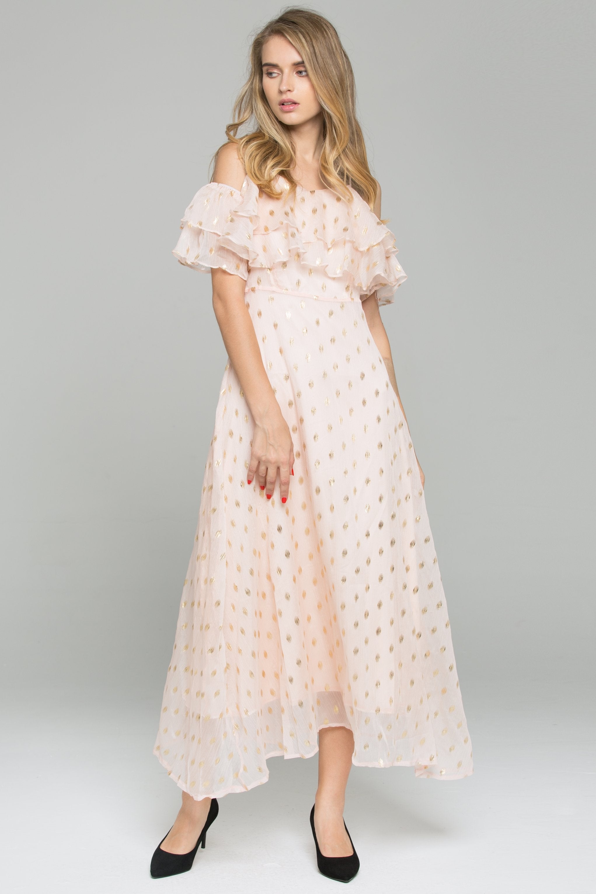 Pink Cold Shoulder Polka Dot Print Ruffled Maxi Dress