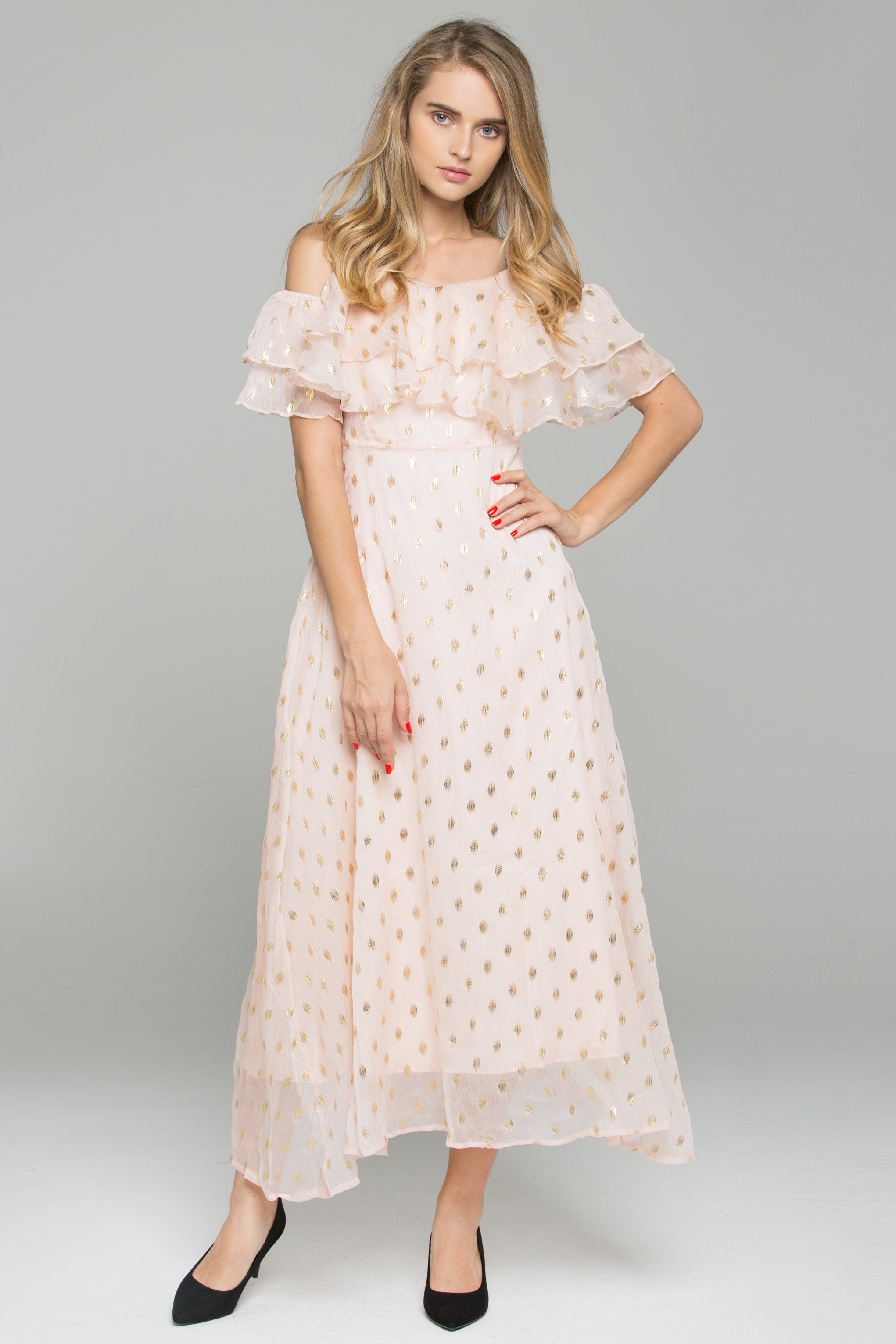Pink Cold Shoulder Polka Dot Print Ruffled Maxi Dress
