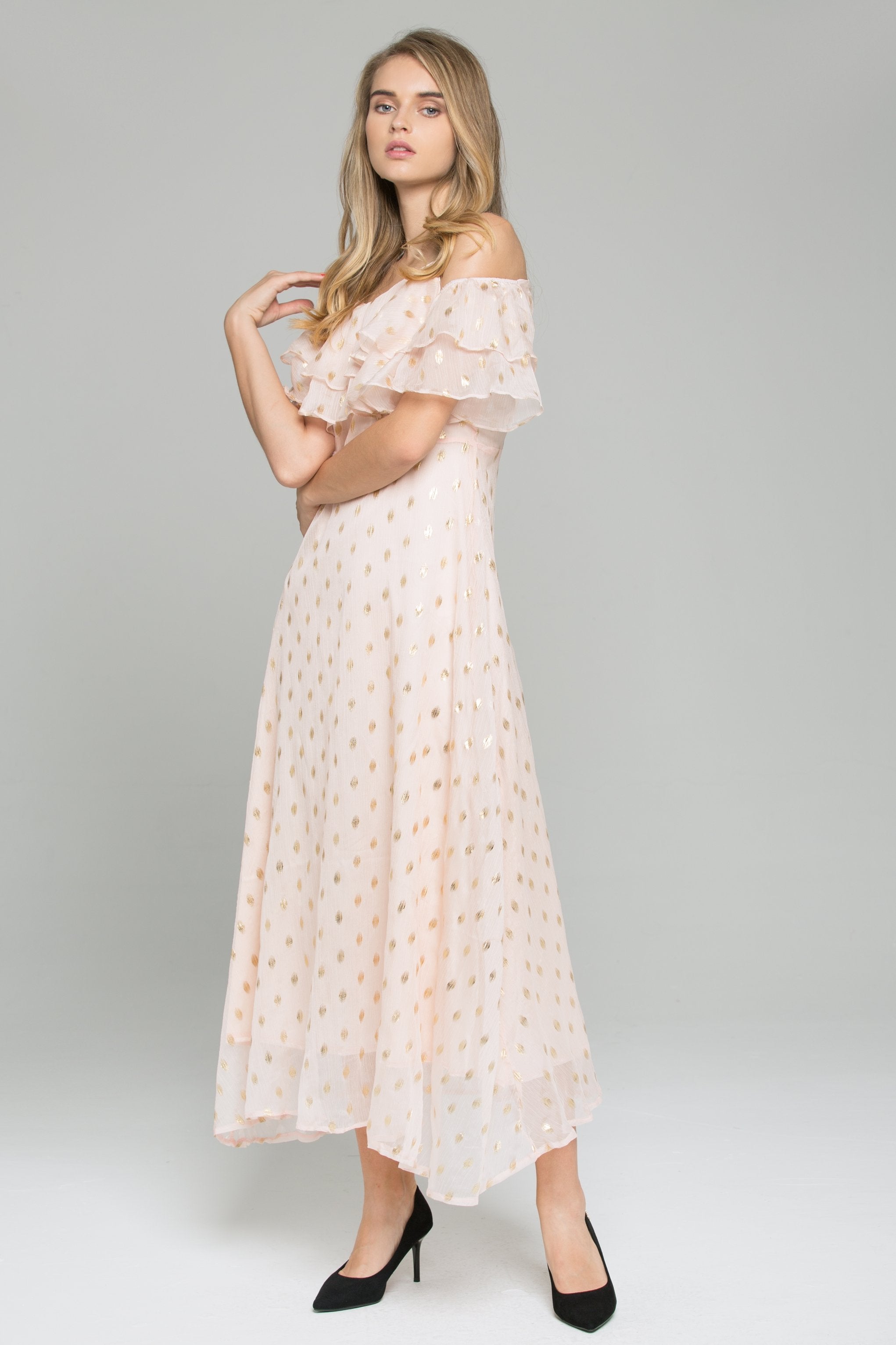 Pink Cold Shoulder Polka Dot Print Ruffled Maxi Dress