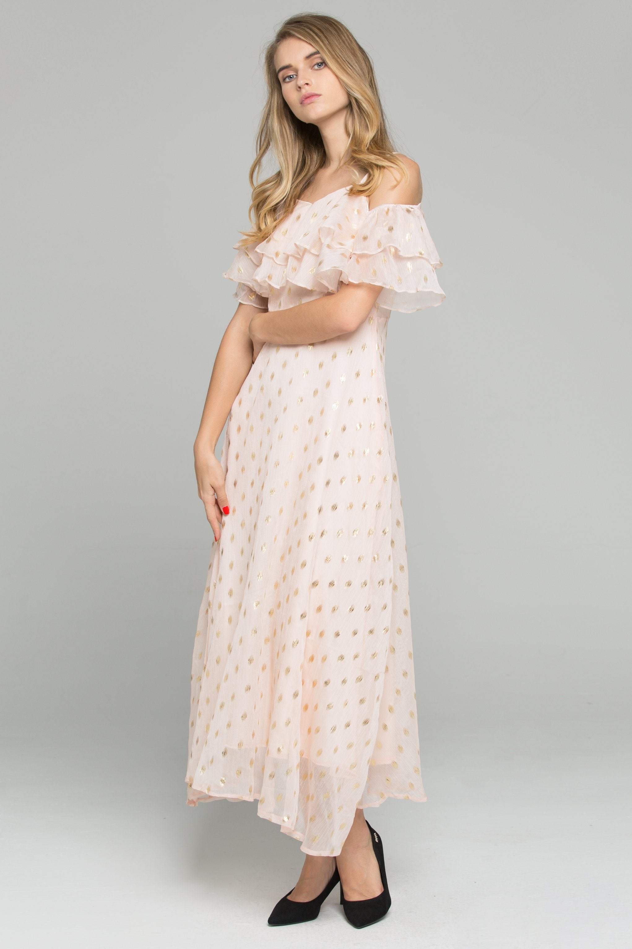 Pink Cold Shoulder Polka Dot Print Ruffled Maxi Dress