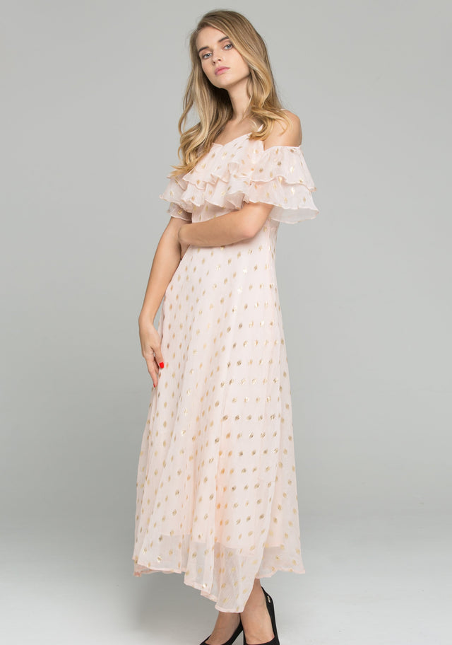 Pink Cold Shoulder Polka Dot Print Ruffled Maxi Dress