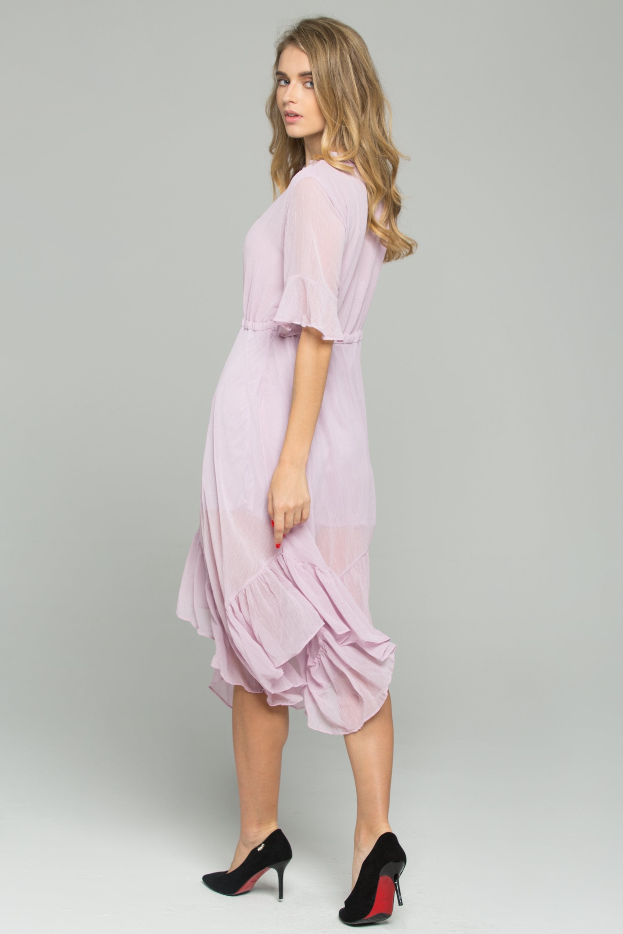 Pink Drawstring V-Neck Ruffled Midi Dress