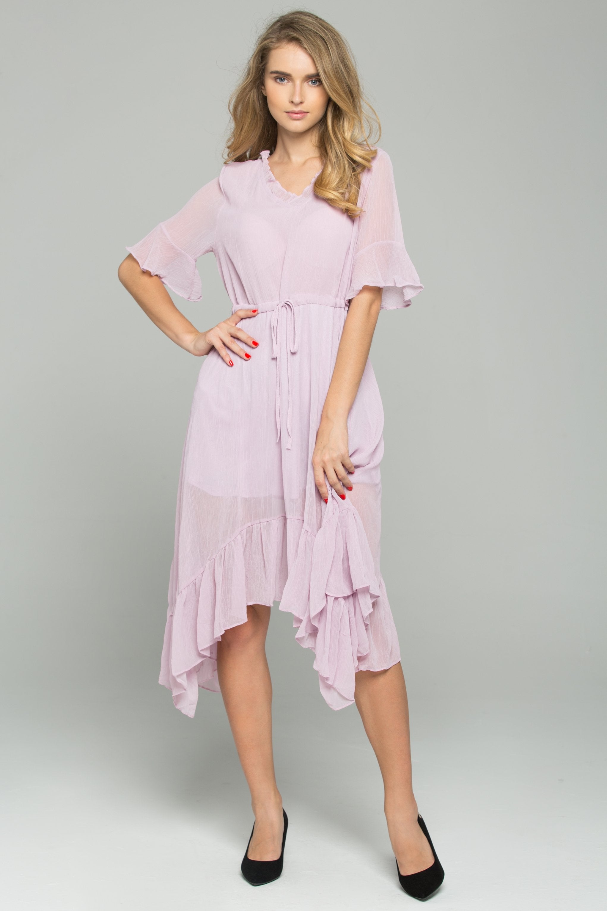 Pink Drawstring V-Neck Ruffled Midi Dress