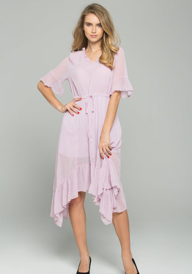 Pink Drawstring V-Neck Ruffled Midi Dress