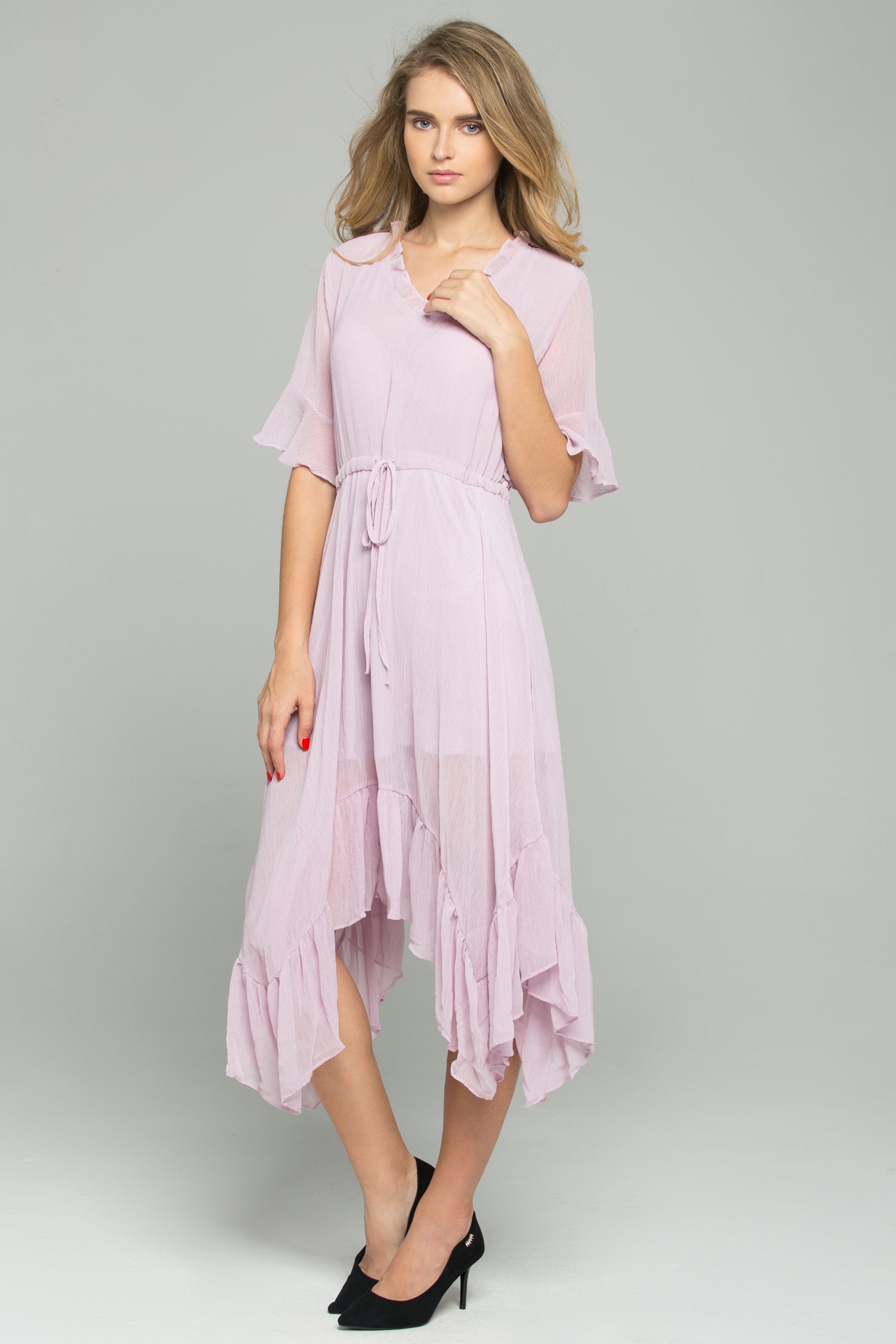 Pink Drawstring V-Neck Ruffled Midi Dress