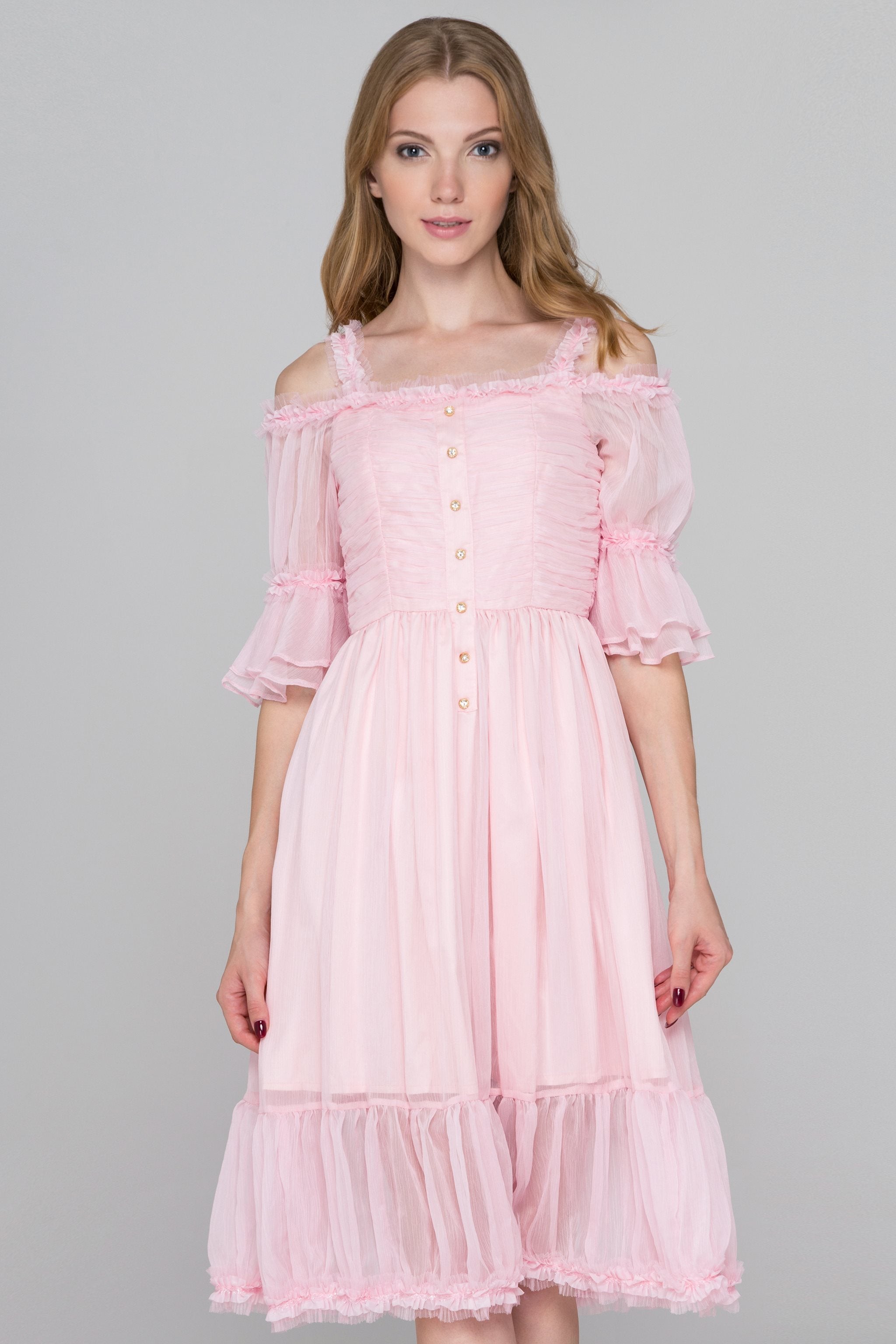 Pink Fairy Ruffled Cold Shoulder Midi Dress