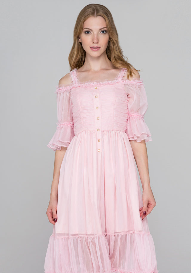 Pink Fairy Ruffled Cold Shoulder Midi Dress