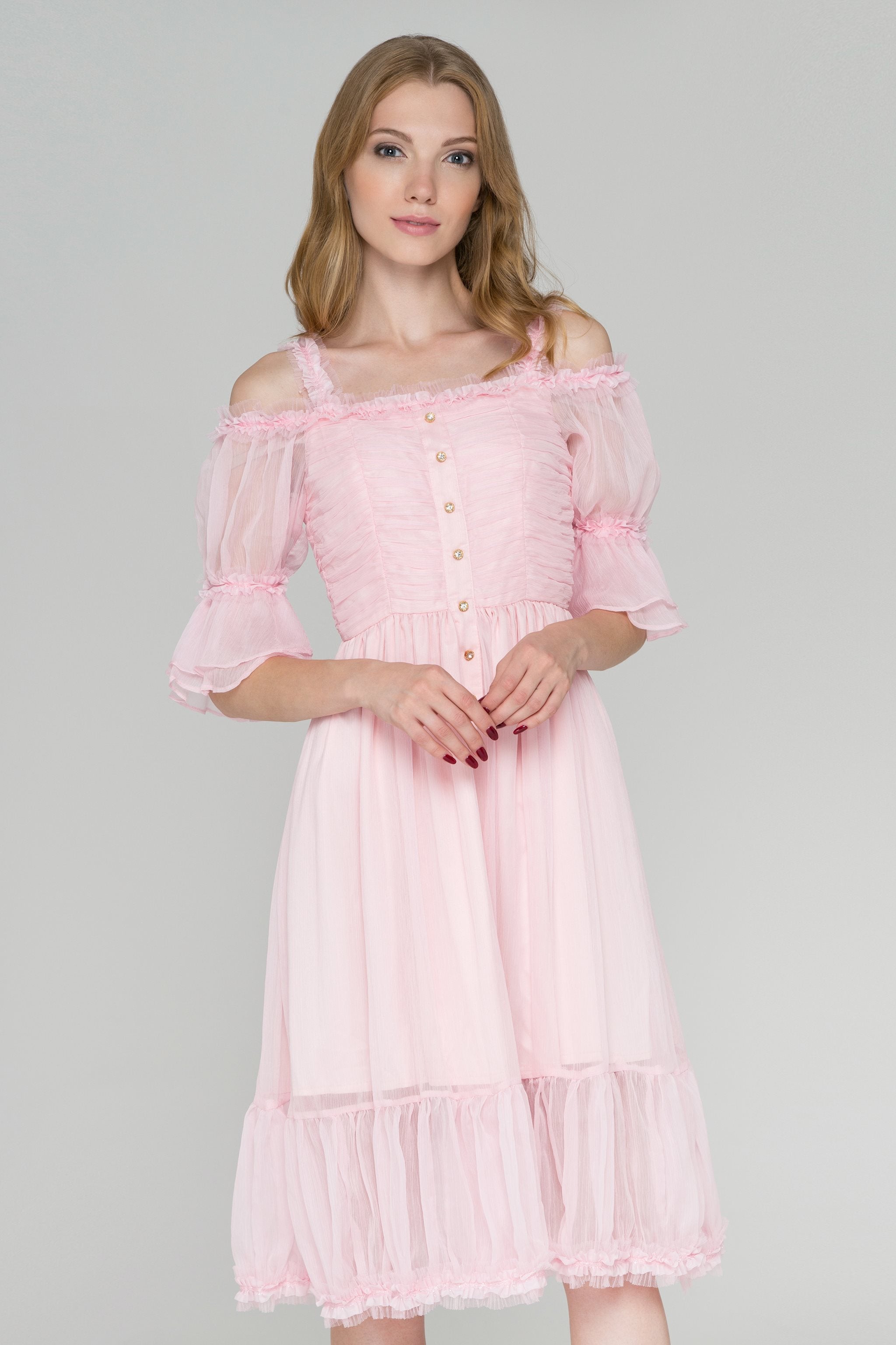 Pink Fairy Ruffled Cold Shoulder Midi Dress