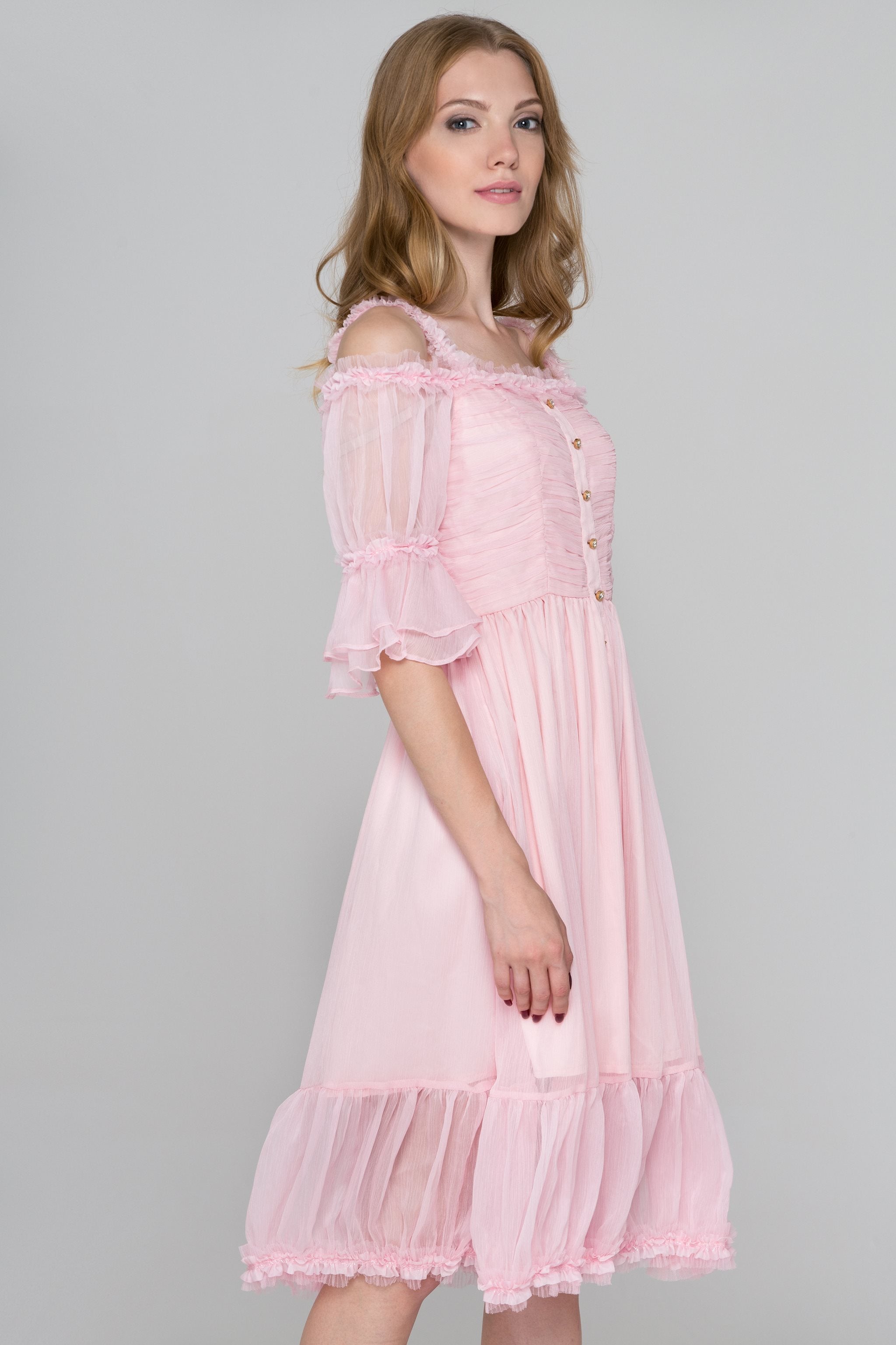 Pink Fairy Ruffled Cold Shoulder Midi Dress