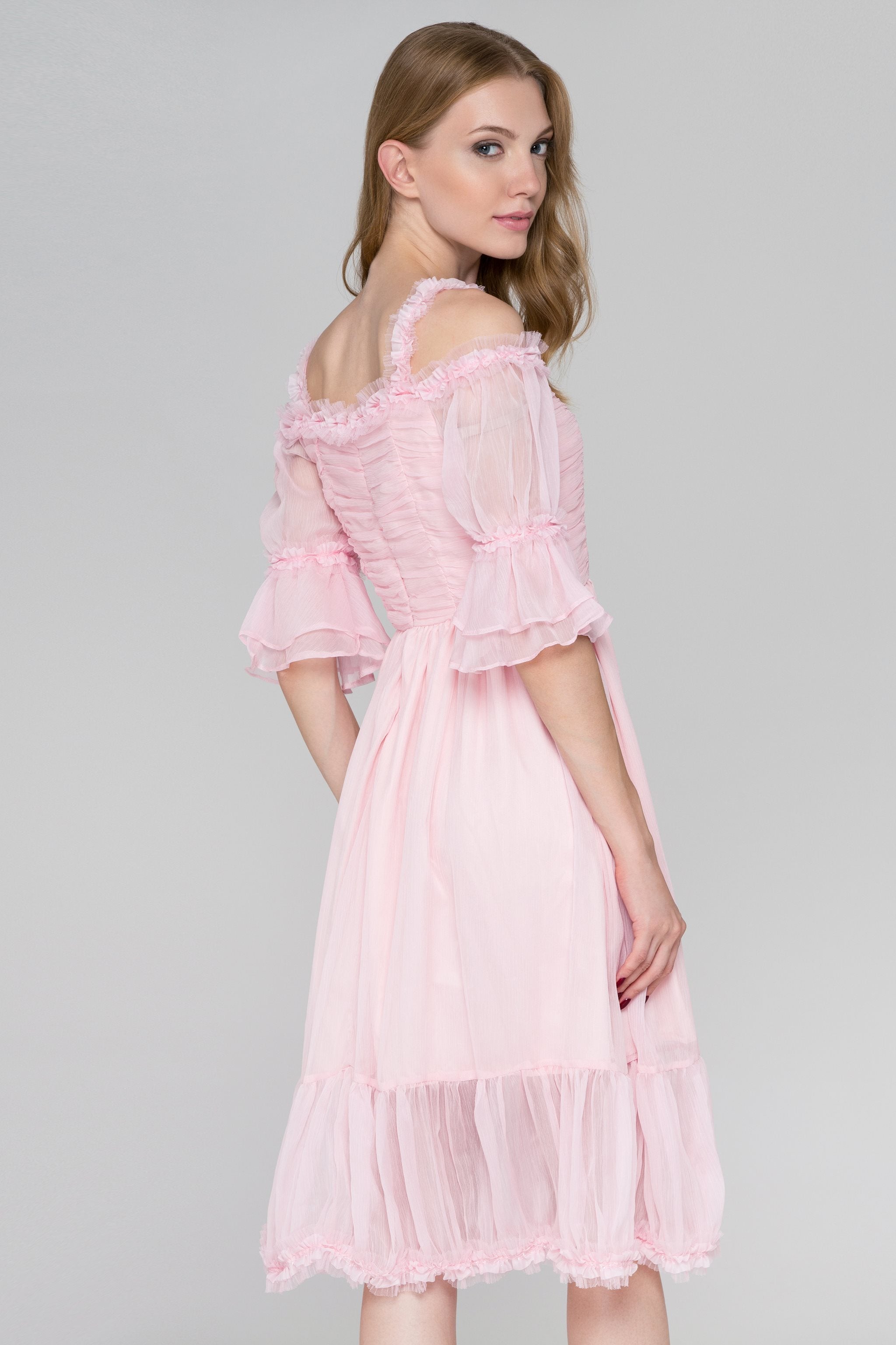 Pink Fairy Ruffled Cold Shoulder Midi Dress