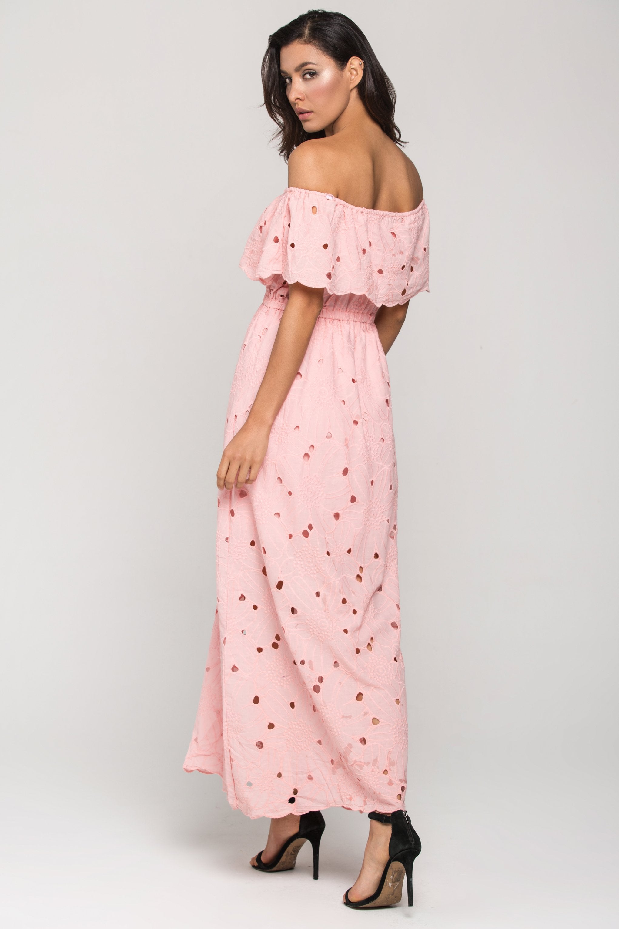 Pink Floral Eyelet Off the Shoulder Midi Dress