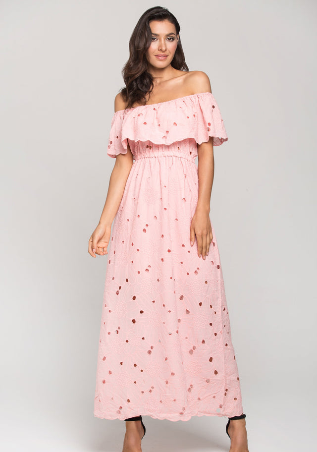 Pink Floral Eyelet Off the Shoulder Midi Dress
