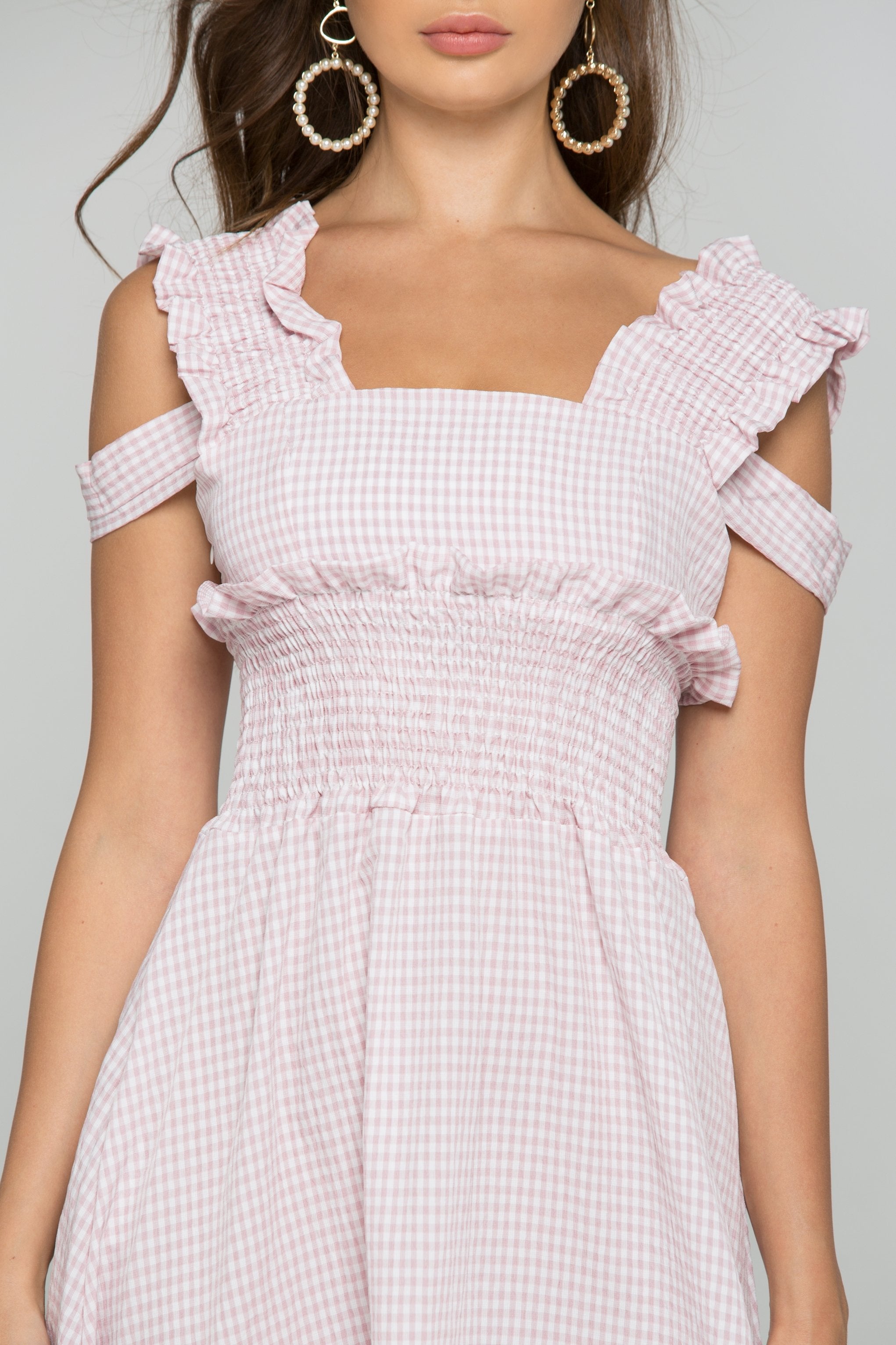 Pink Gingham Cold Shoulder Ruched Pleat Midi Dress