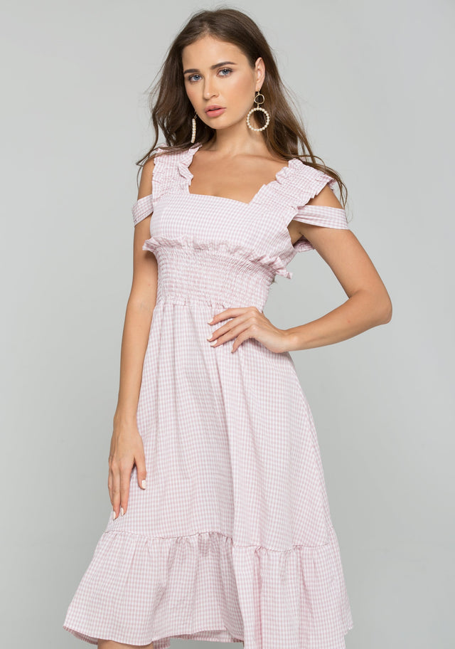 Pink Gingham Cold Shoulder Ruched Pleat Midi Dress