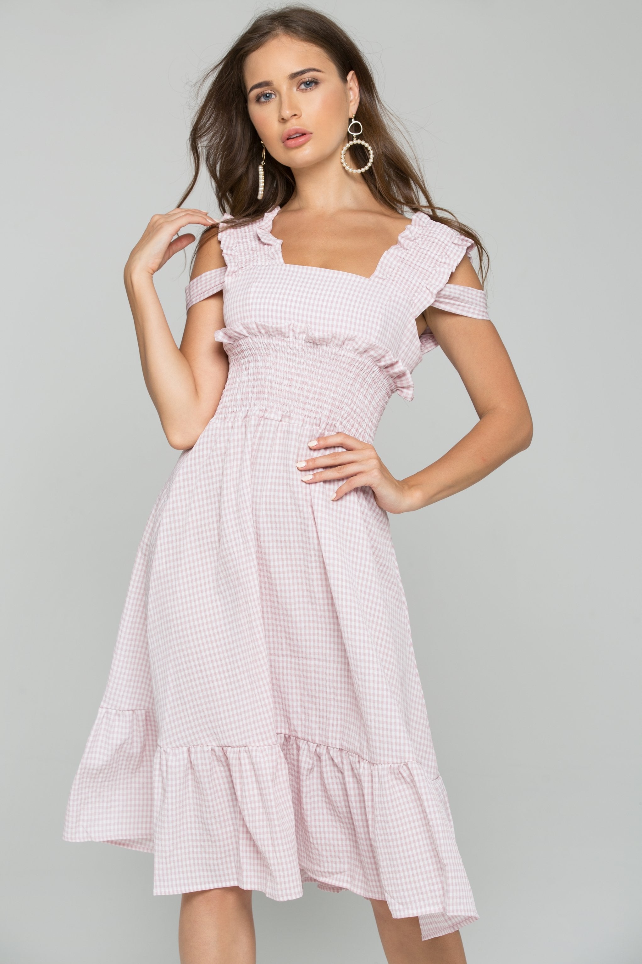 Pink Gingham Cold Shoulder Ruched Pleat Midi Dress