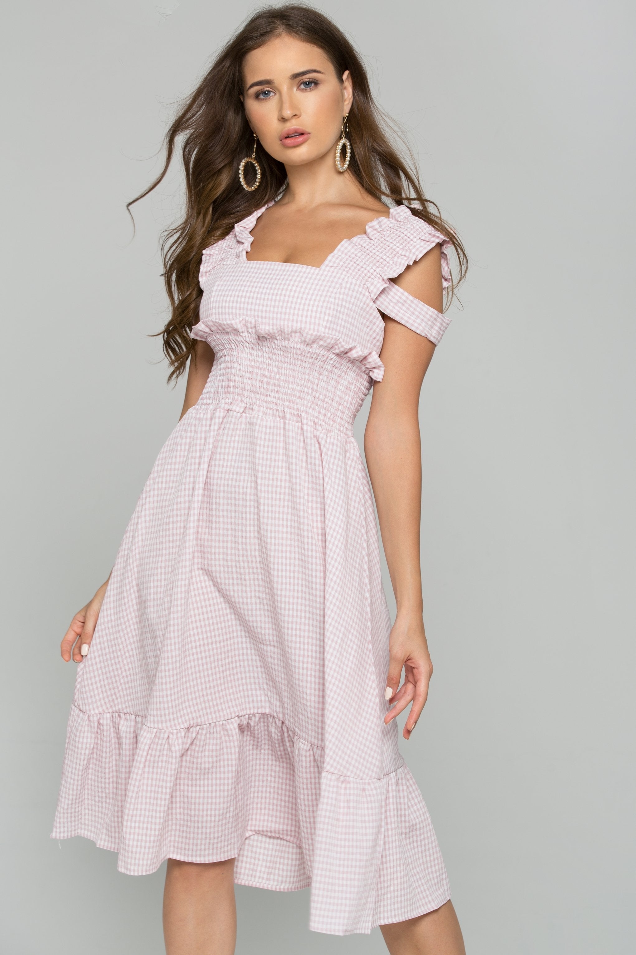 Pink Gingham Cold Shoulder Ruched Pleat Midi Dress