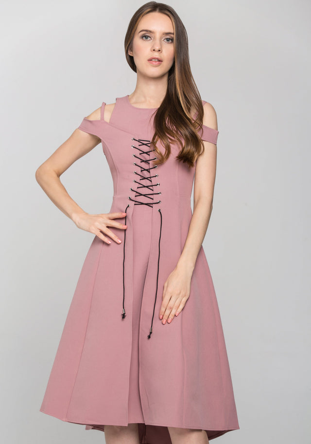 Pink Layered Cold Shoulder Corset Midi Dress