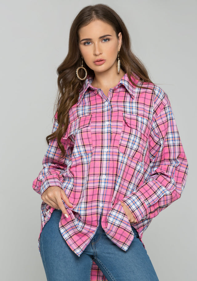 Pink Plaid Front Pocket Button Up Top